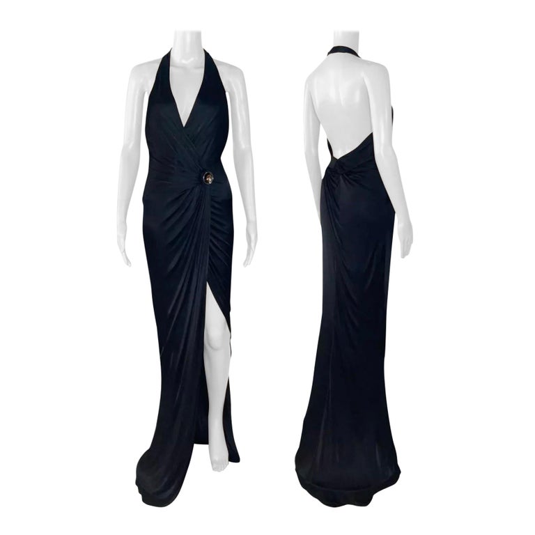 Vintage Versace Black Long Gown Wrap Dress with Open Back 42