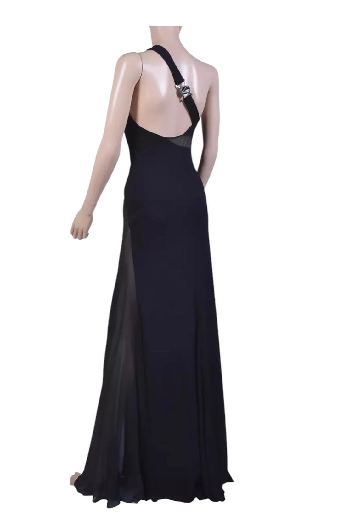 Vintage Versace Black One Shoulder Dress Gown w/Open Back & Sheer Detail 42-6 In New Condition For Sale In Montgomery, TX