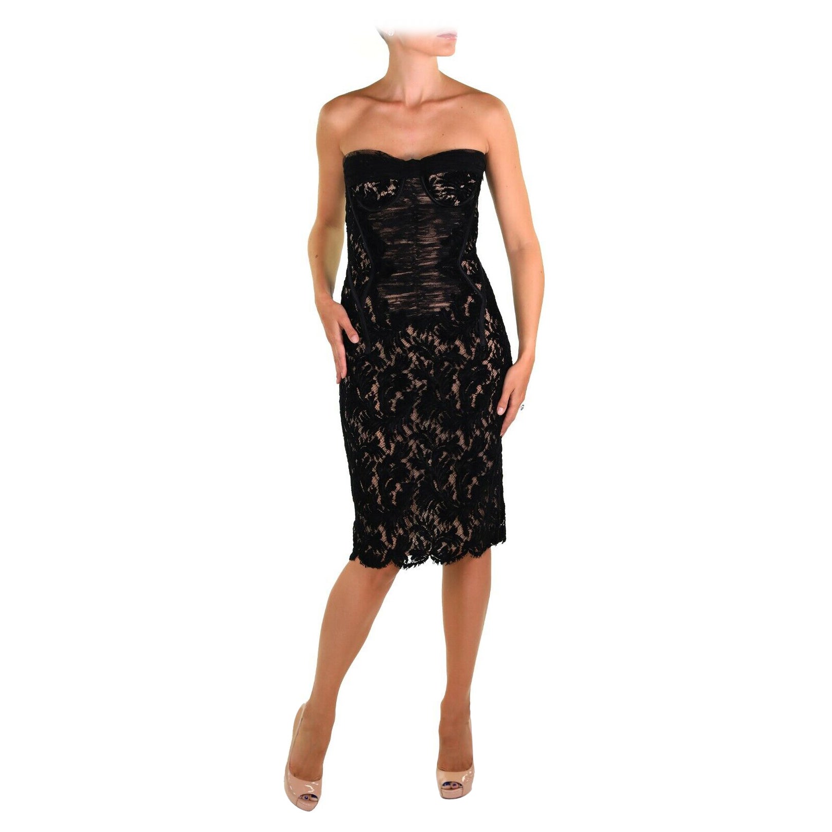 Versace - Robe vintage sans bretelles en dentelle noire en vente