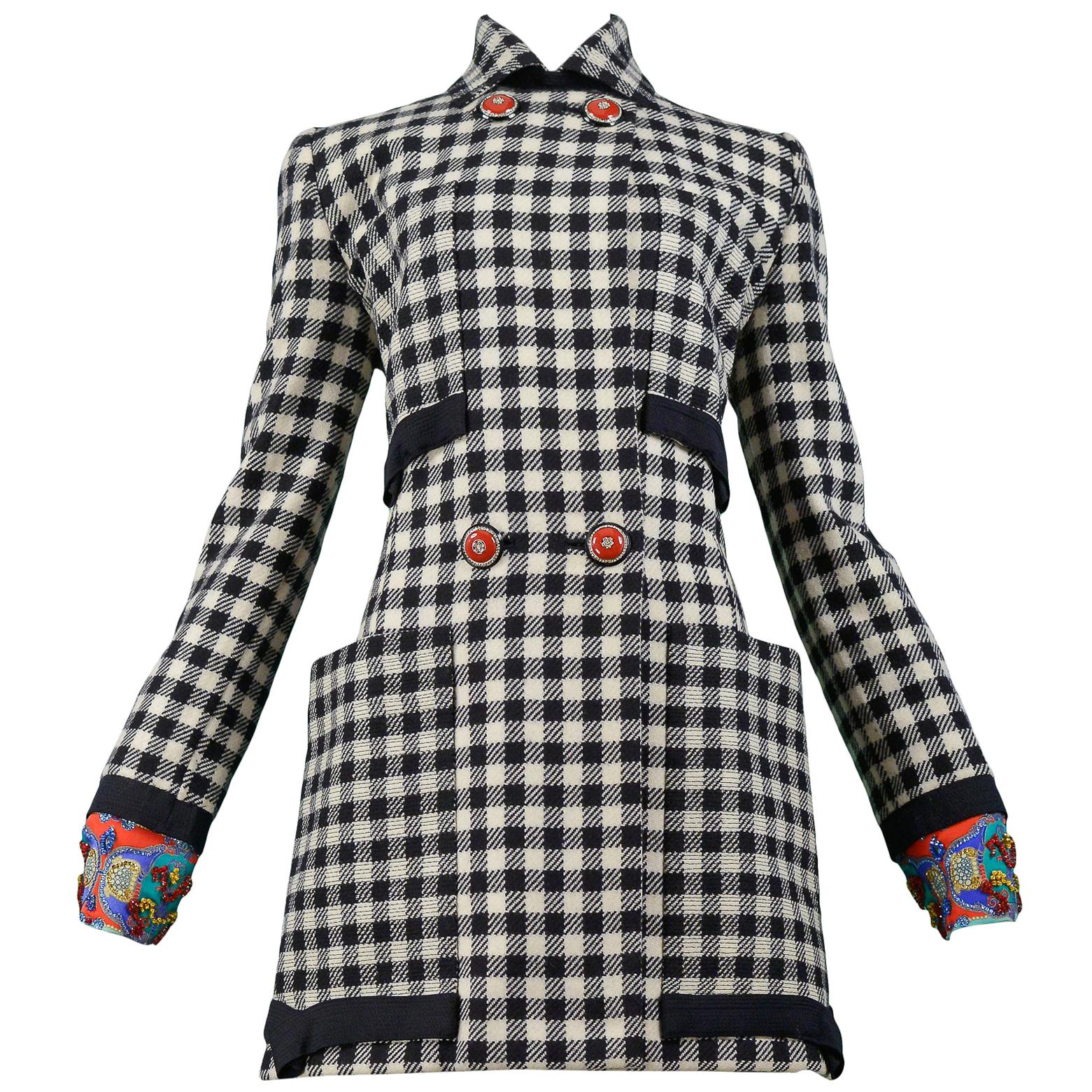 Vintage Versace Black & White Check Beaded Coat 1990-1991 For Sale