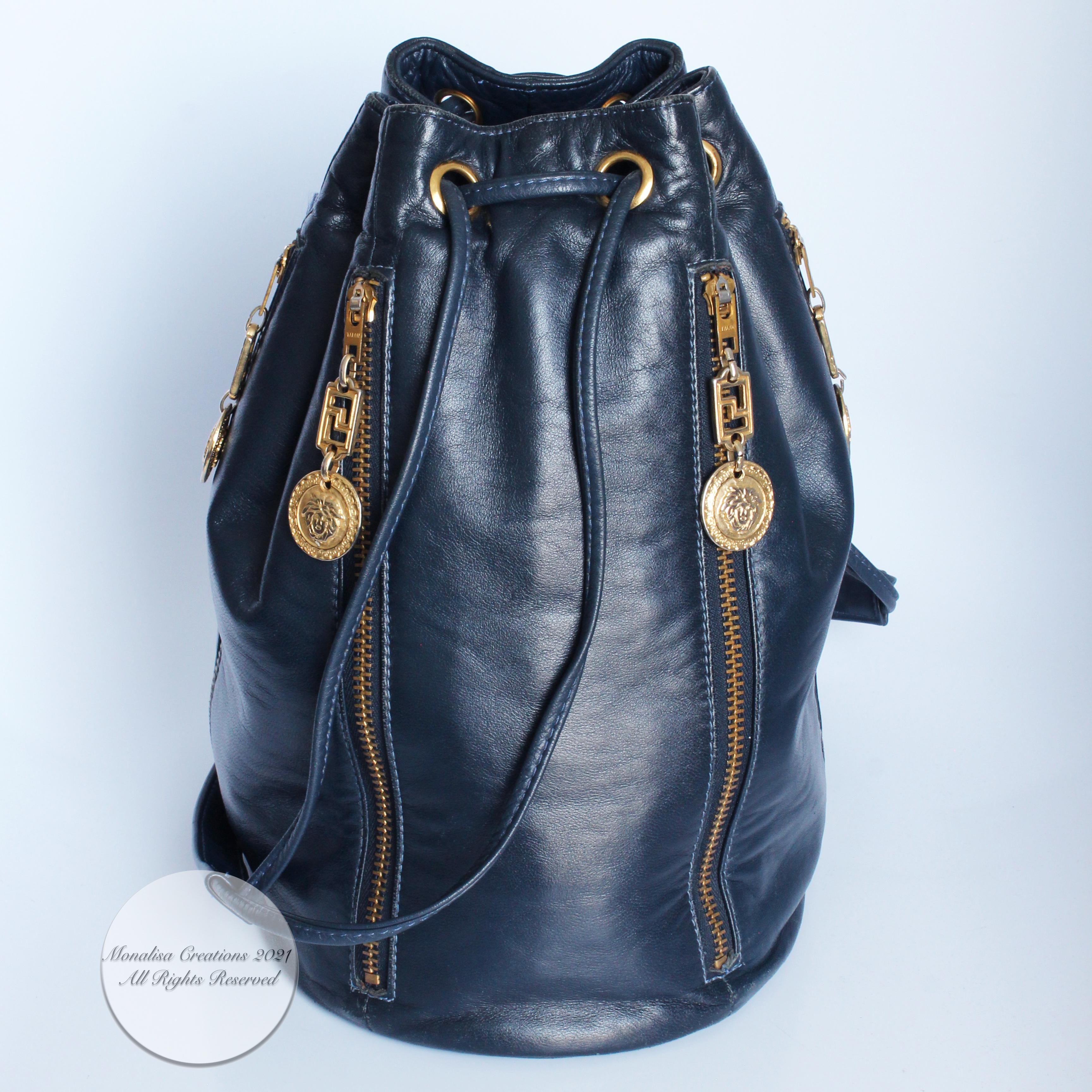 Vintage Versace Bucket Bag Navy Leather Gold Medusa Medallions 