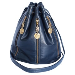 Vintage Versace Bucket Bag Navy Leather Gold Medusa Medallions Zippers with COA