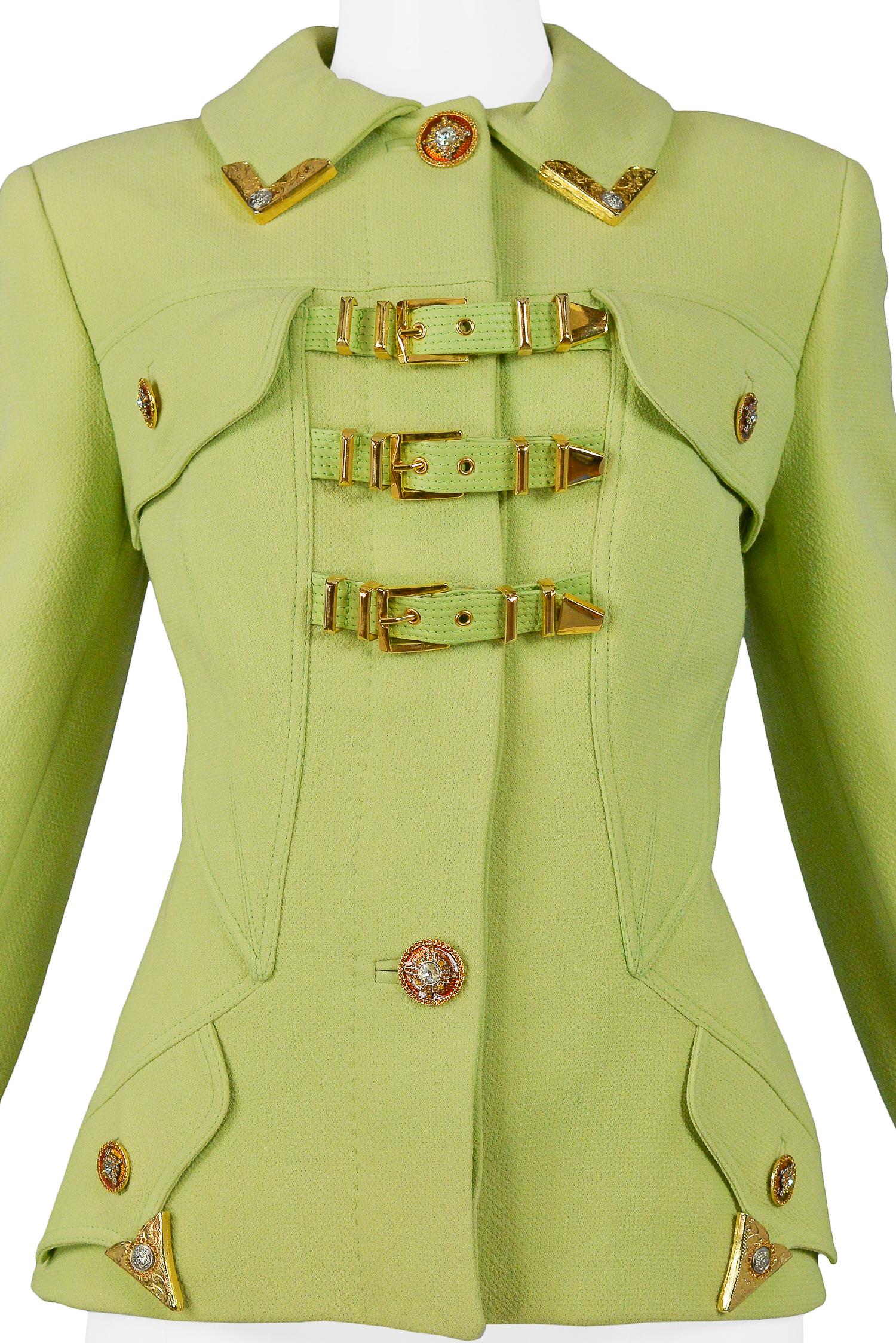Vintage Versace Chartreuse Green Buckle Front Bondage Jacket 1992 In Excellent Condition In Los Angeles, CA