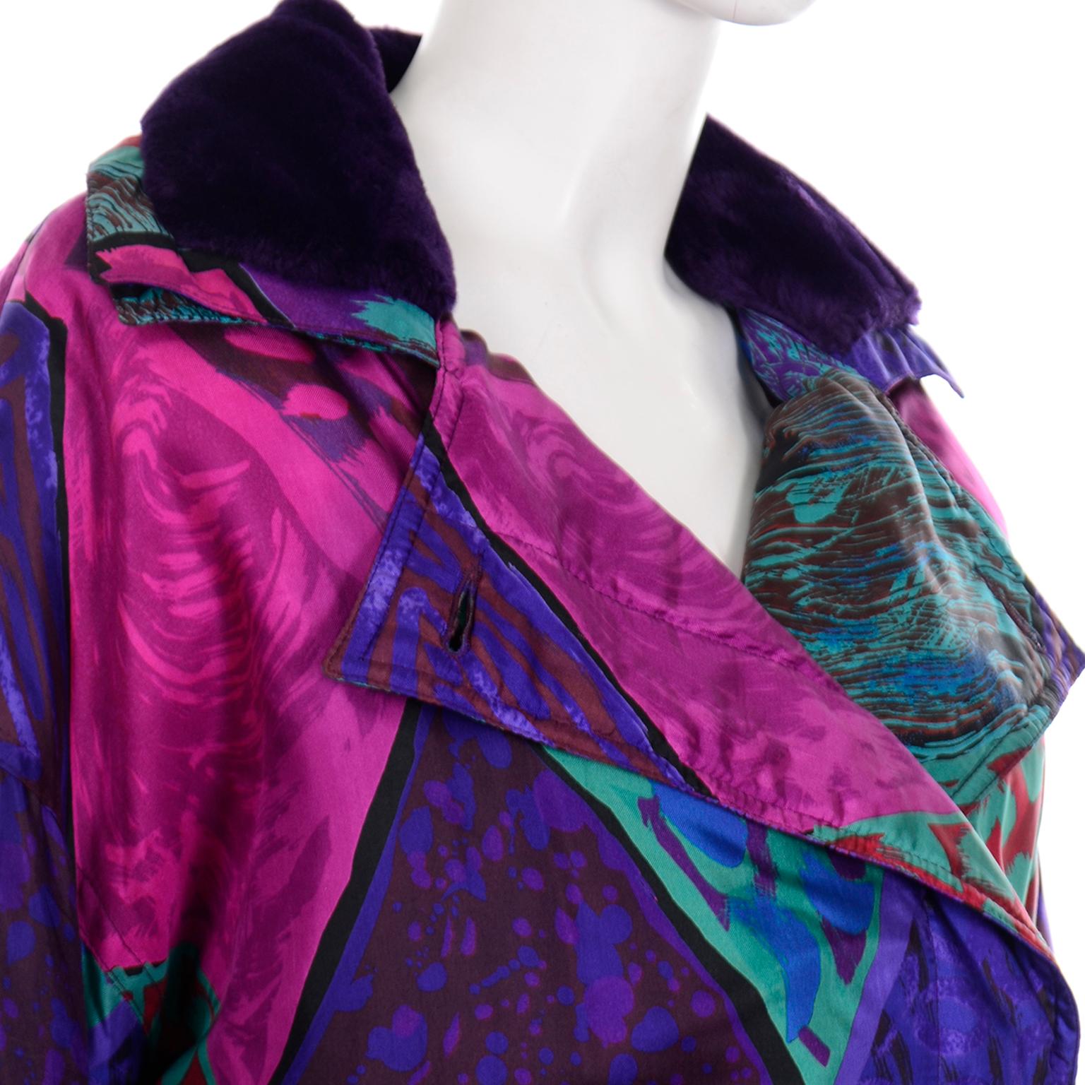 Vintage Versace Colorful  Silk Trench Coat w Purple Faux Fur Cuffs & Collar 4