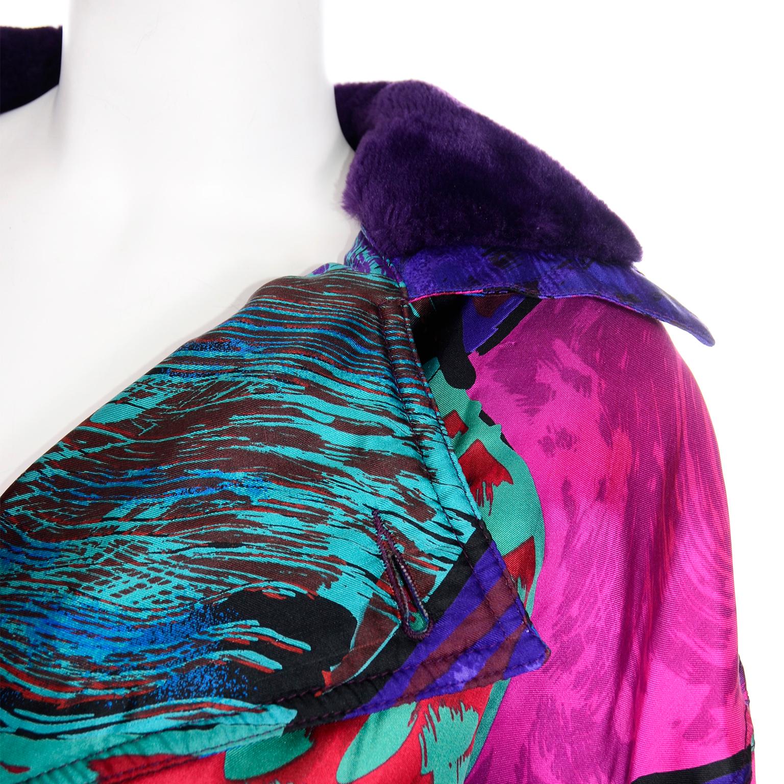 Vintage Versace Colorful  Silk Trench Coat w Purple Faux Fur Cuffs & Collar 5