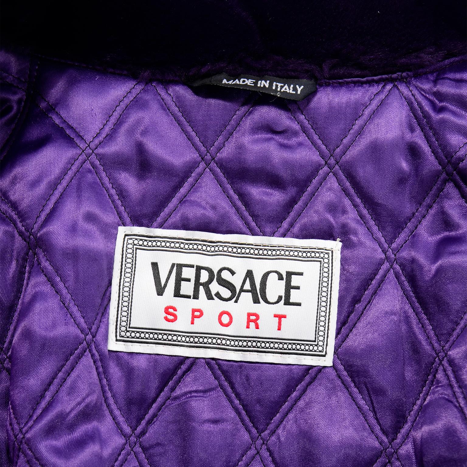 Vintage Versace Colorful  Silk Trench Coat w Purple Faux Fur Cuffs & Collar 9