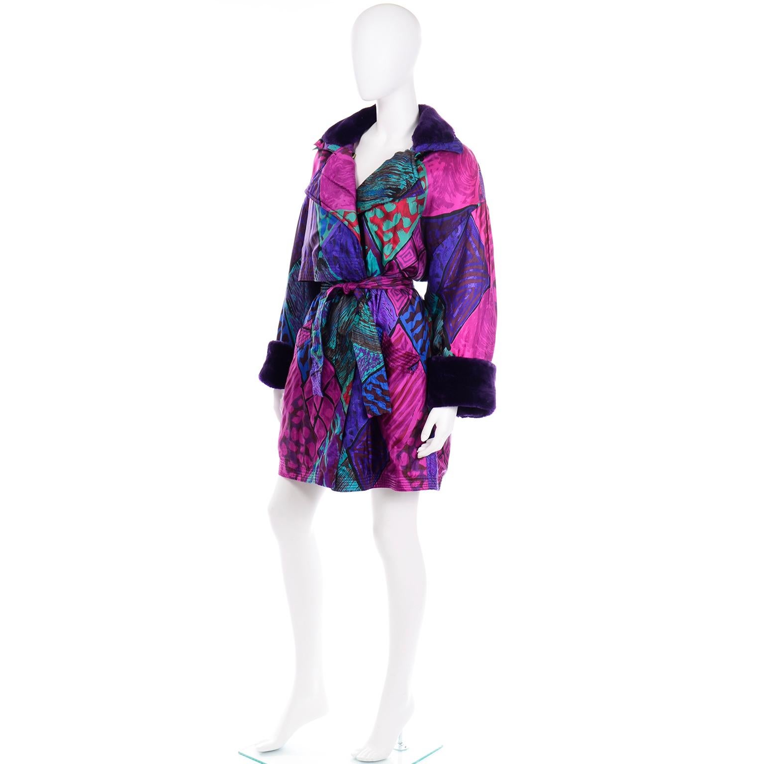 Vintage Versace Colorful  Silk Trench Coat w Purple Faux Fur Cuffs & Collar In Excellent Condition In Portland, OR