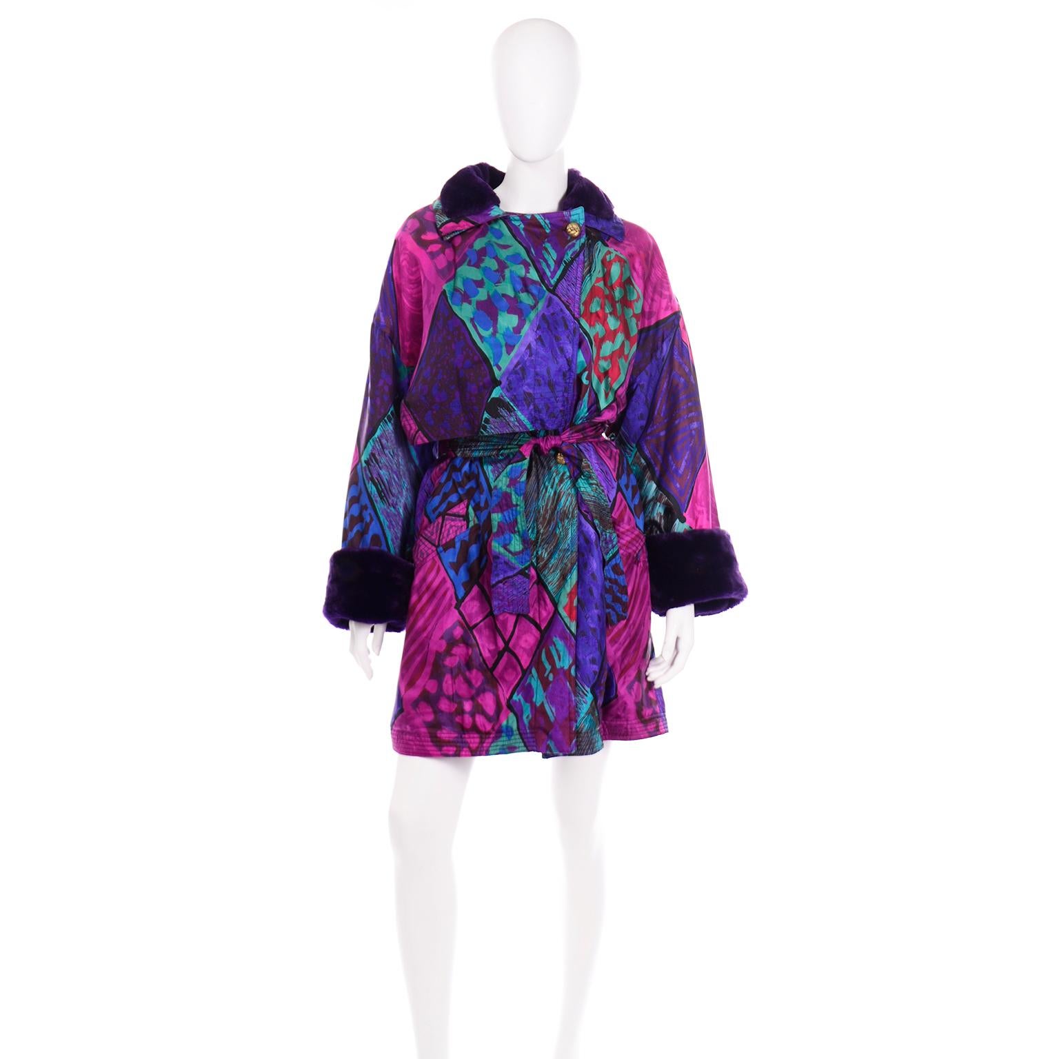 Women's Vintage Versace Colorful  Silk Trench Coat w Purple Faux Fur Cuffs & Collar