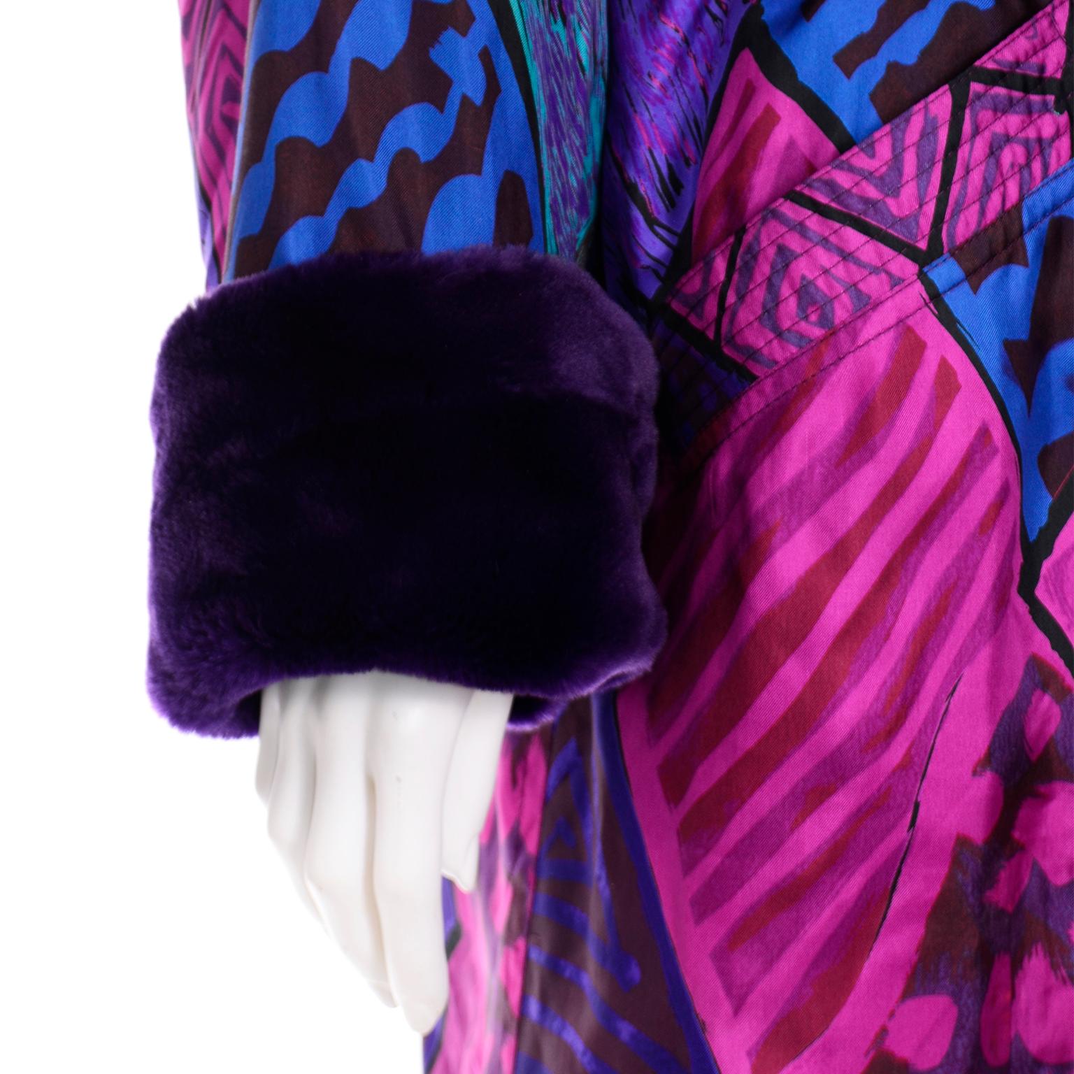 Vintage Versace Colorful  Silk Trench Coat w Purple Faux Fur Cuffs & Collar 2