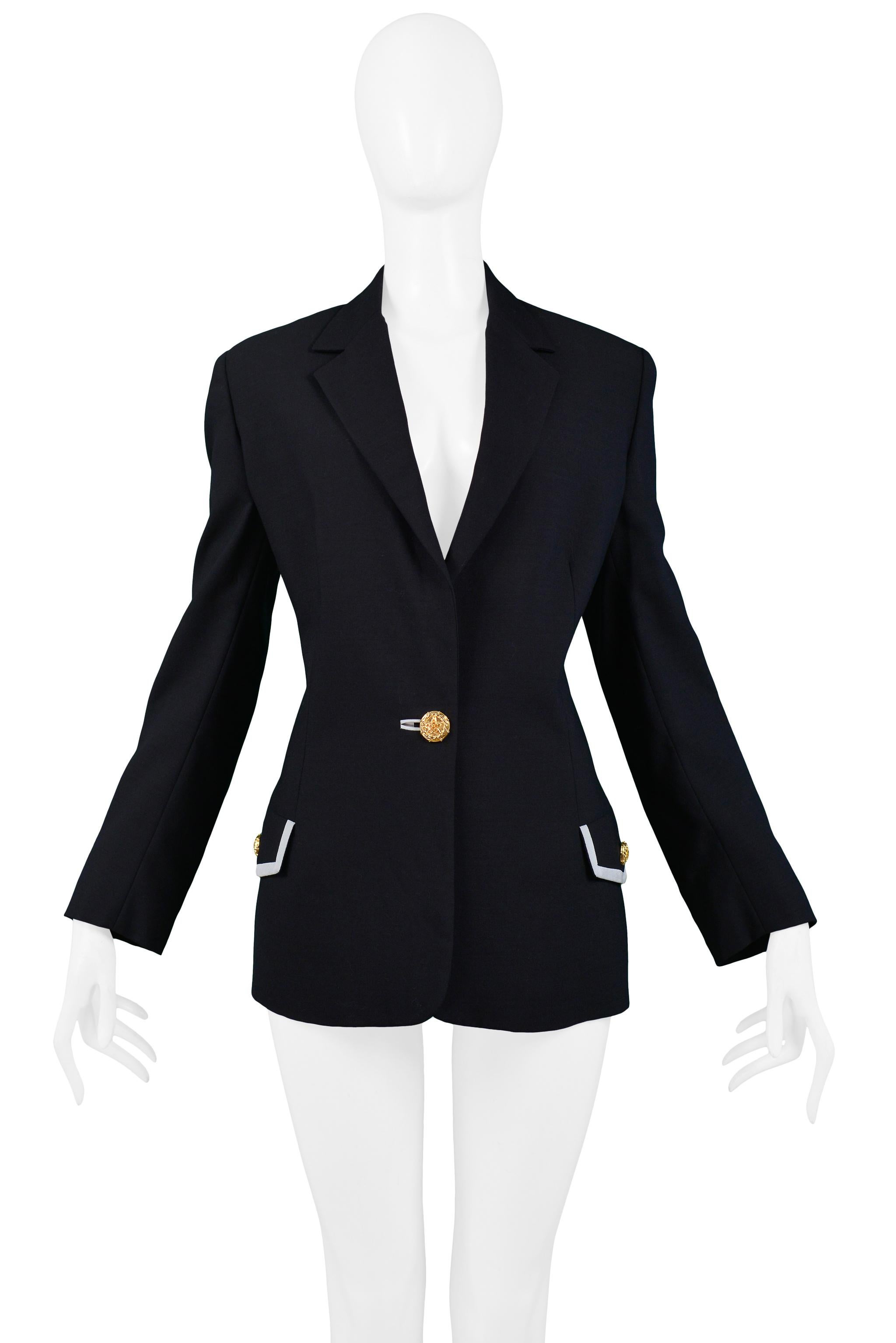 Vintage Gianni Versace couture navy wool and silk blazer jacket featuring a gold single-button closure, gold buttons at white-trimmed hip pockets, and lilac purple and lemon yellow lacing at sleeve cuffs. From the Versace 1992 runway collection.