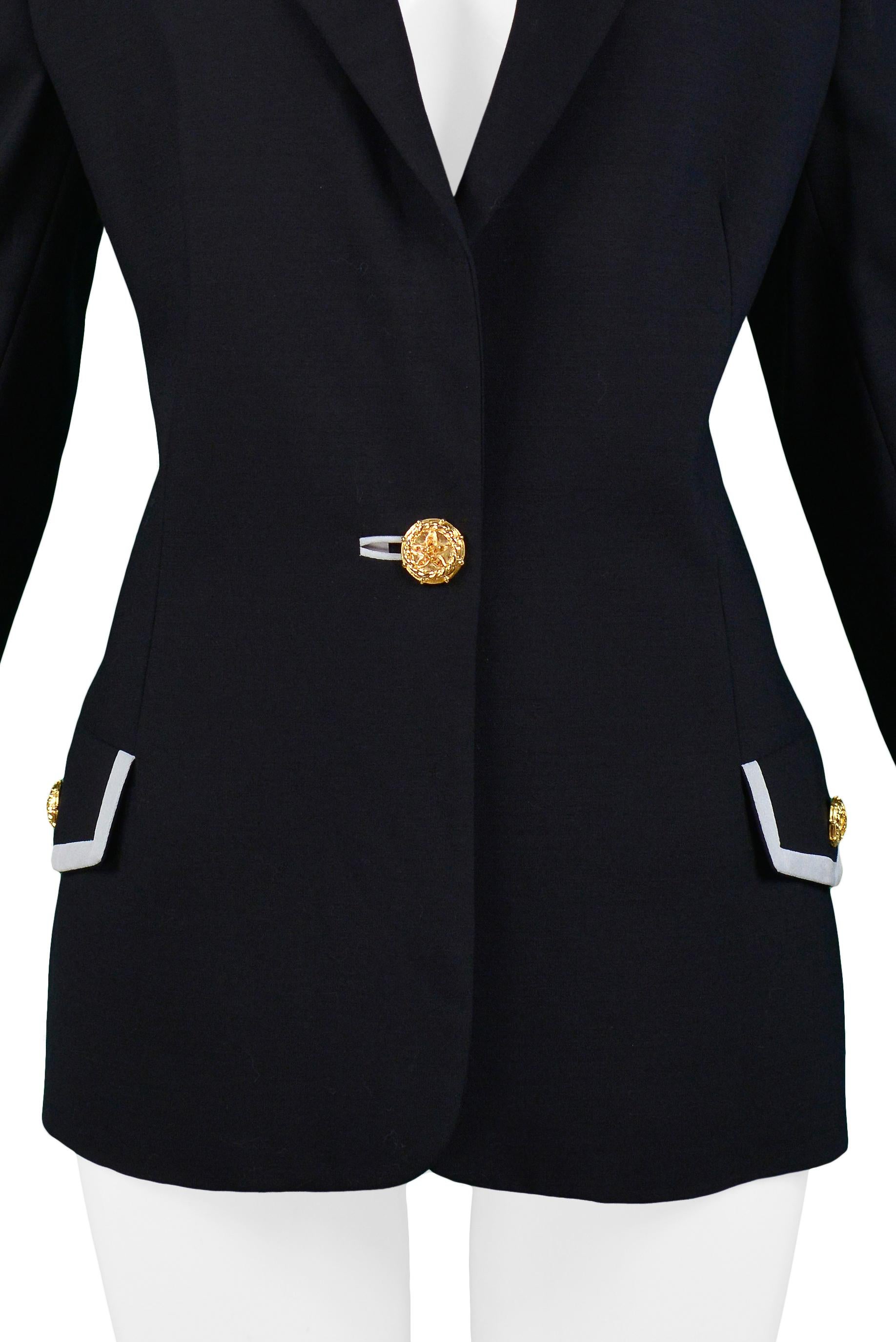 Black Vintage Versace Couture Navy Blazer Jacket with Lace Up Ribbon Cuffs 1992