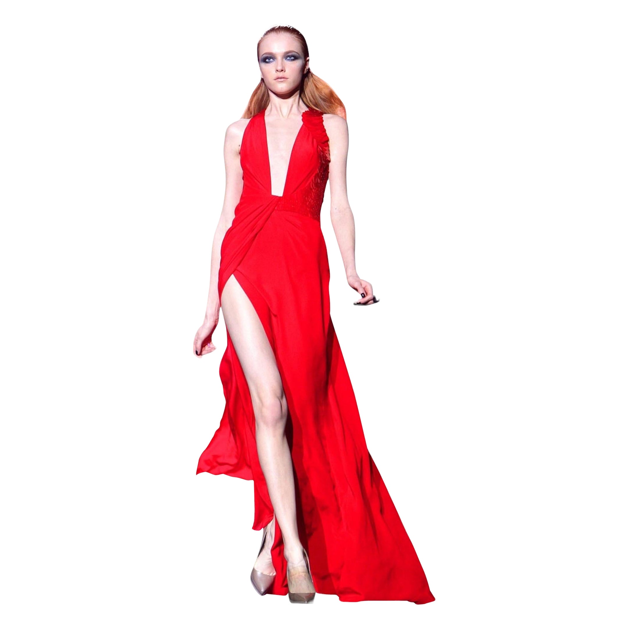 Vintage Versace Embellished Red Silk Gown Dress Size 42