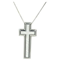 Vintage Versace Fine Jewelry White Agate Greek Key Cross 18 Karat White Gold
