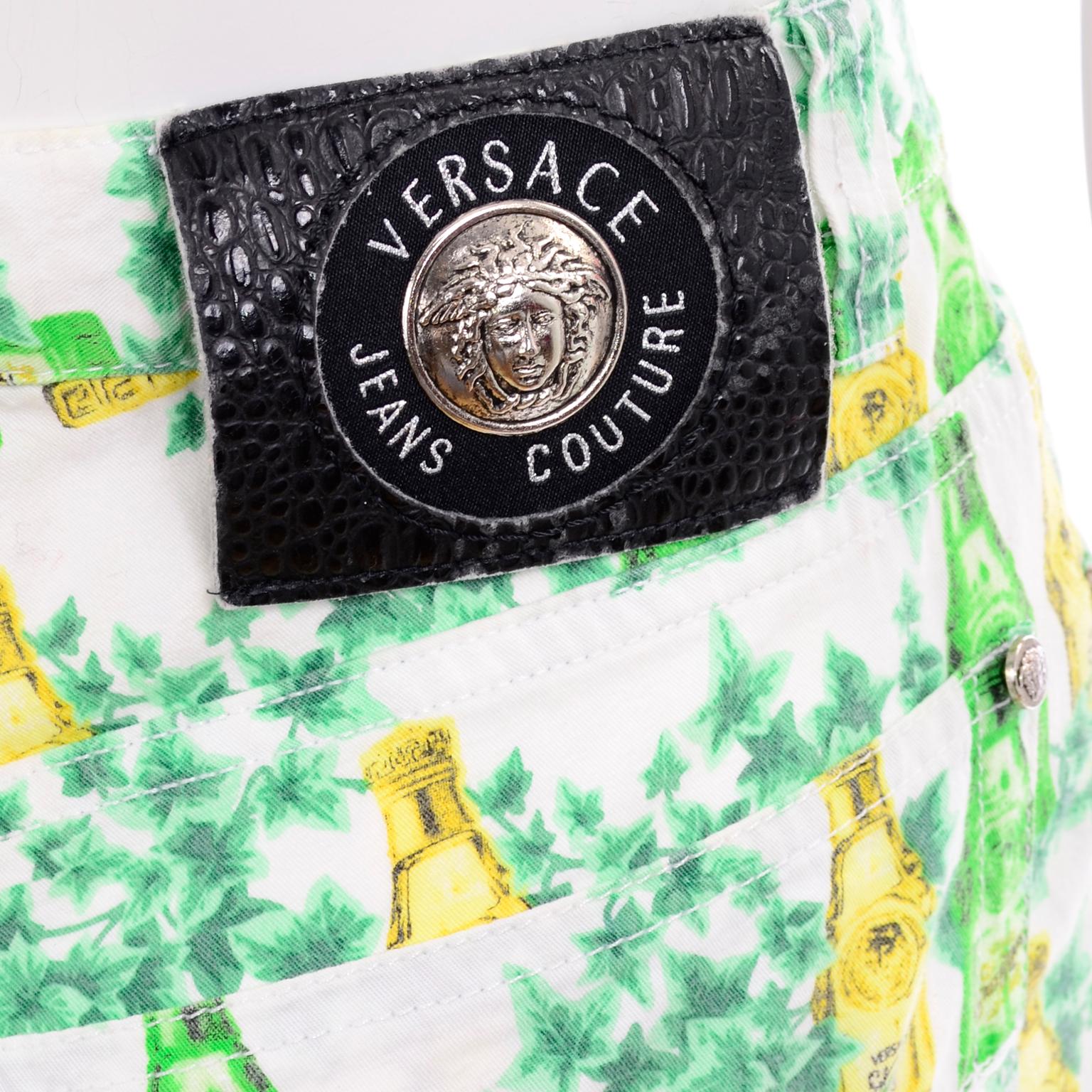 Vintage Versace Jeans Couture Yellow Jeans Perfume Bottle Green Ivy Print Pants For Sale 8