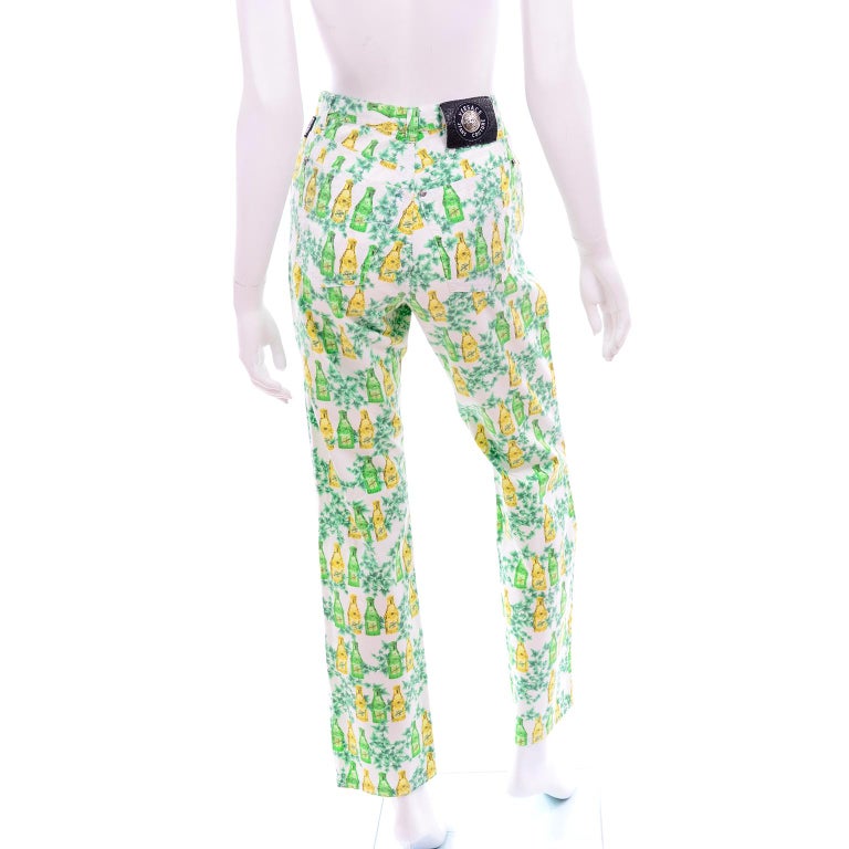 Vintage Versace Jeans Couture Yellow Jeans Perfume Bottle Green Ivy Print Pants For Sale At 1stdibs