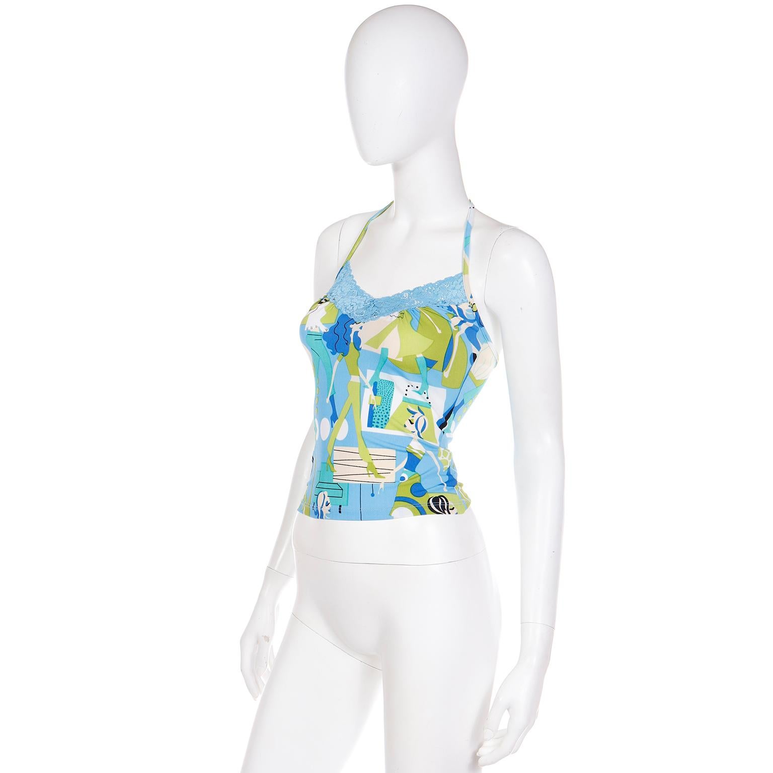 Vintage Versace Jeans Couture Halter Tank Top Novelty Shopper Print W Blue Lace In Excellent Condition For Sale In Portland, OR