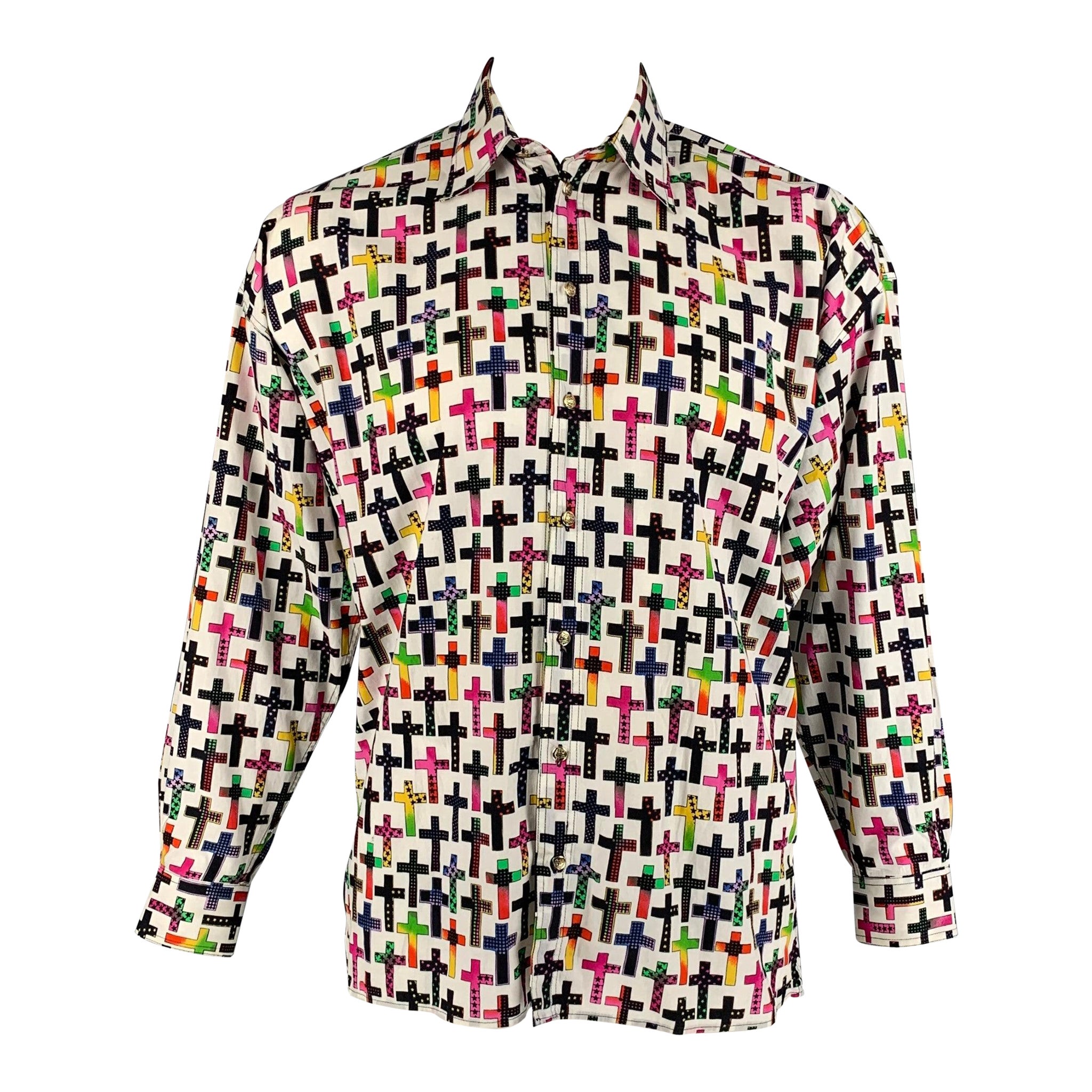 Vintage VERSACE JEANS COUTURE Talla M Camisa de manga larga de algodón multicolor