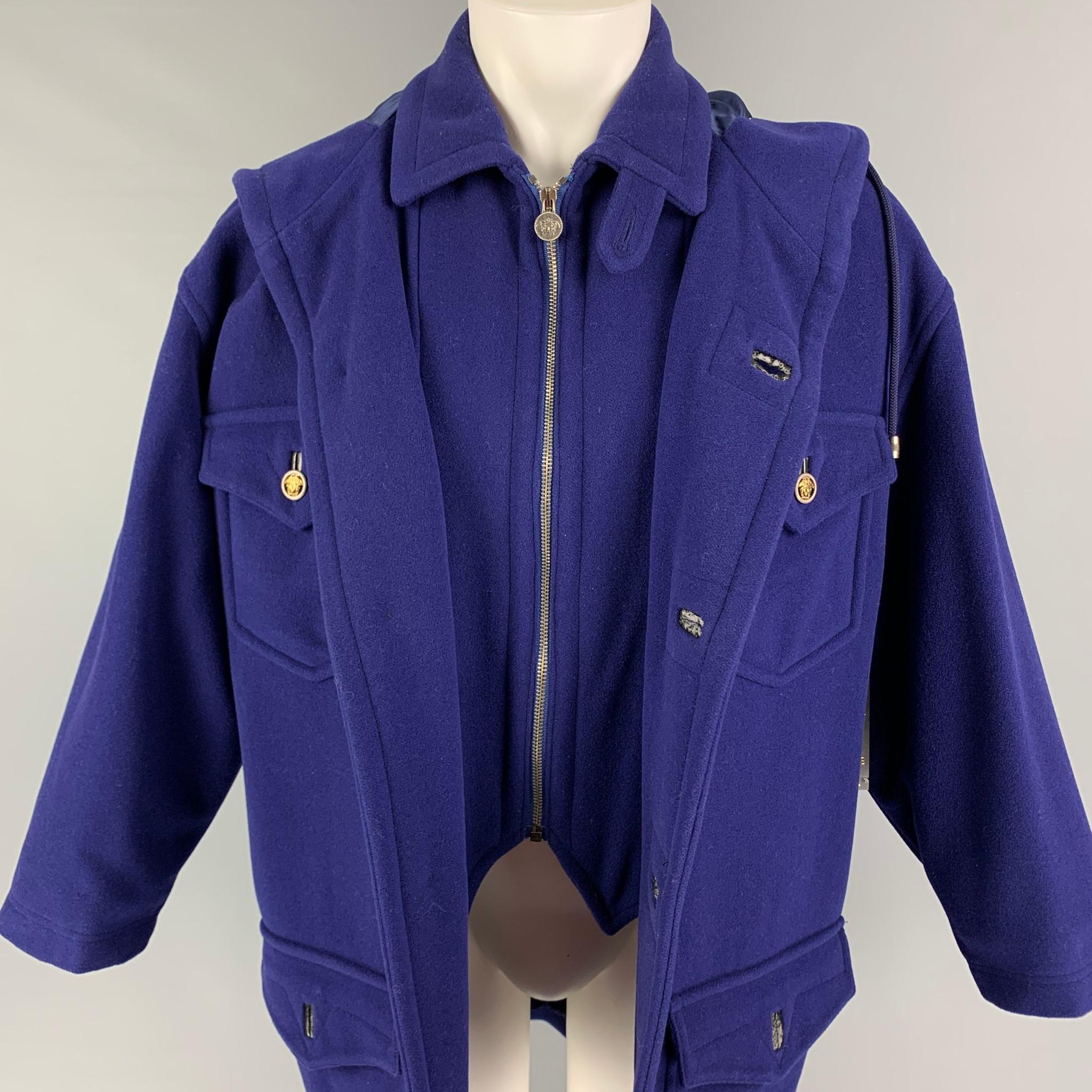Vintage VERSACE JEANS COUTURE Size S Purple Wool Zip & Buttons Oversized Coat In Good Condition In San Francisco, CA