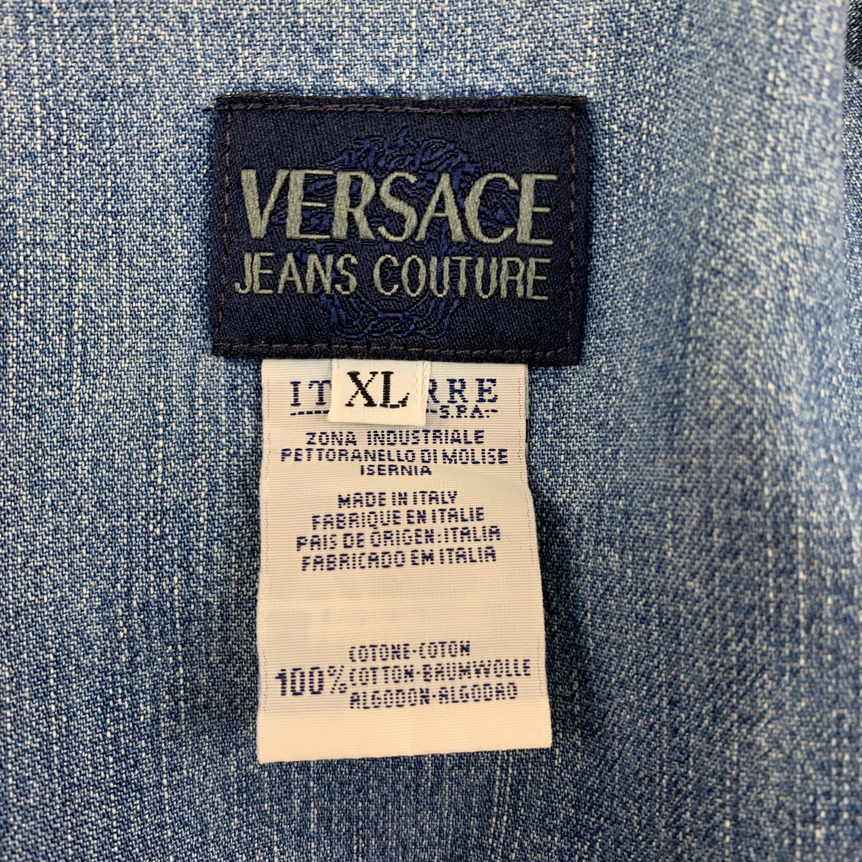 Vintage VERSACE JEANS COUTURE Size XL Blue Denim Patch Pockets Long Sleeve Shirt For Sale 1