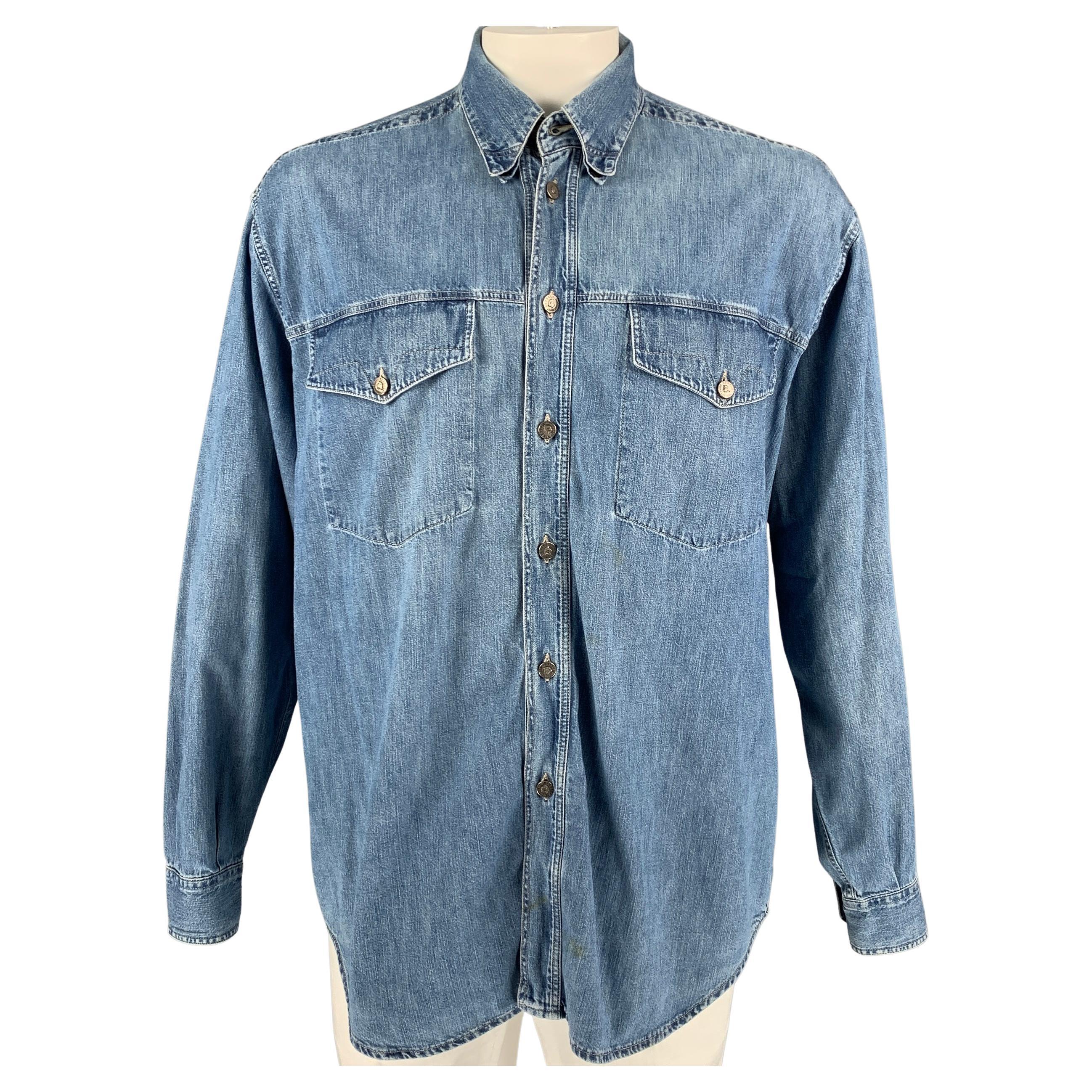 Vintage VERSACE JEANS COUTURE Size XL Blue Wash Denim Patch Pockets Shirt  For Sale at 1stDibs