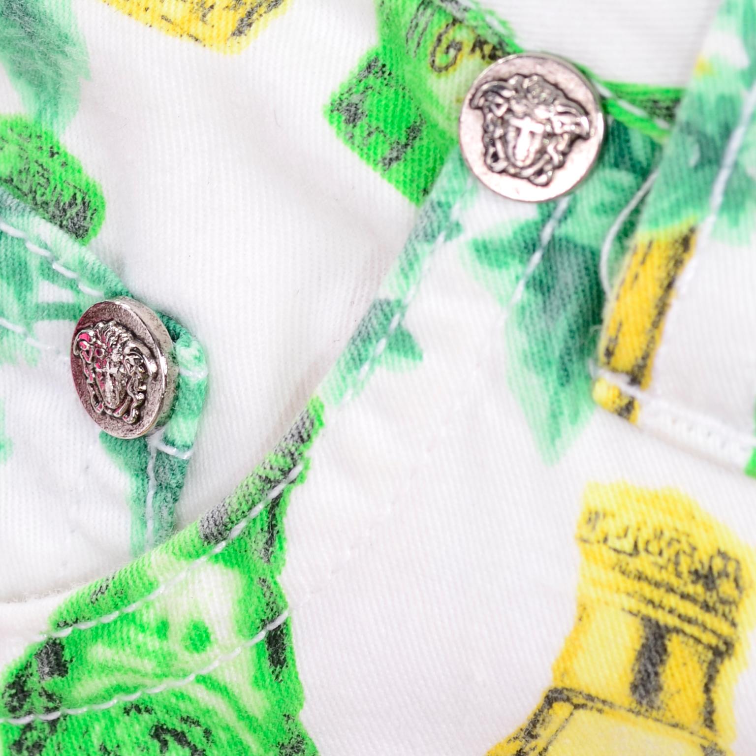 Vintage Versace Jeans Couture Yellow Jeans Perfume Bottle Green Ivy Print Pants For Sale 3