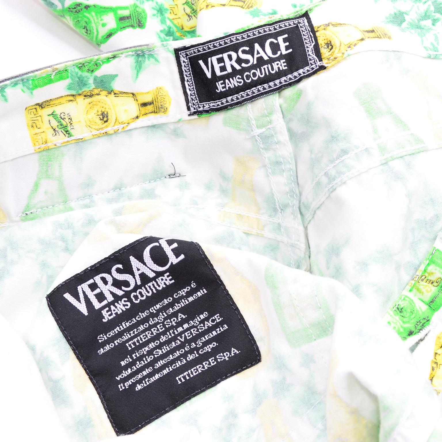 Vintage Versace Jeans Couture Yellow Jeans Perfume Bottle Green Ivy Print Pants  For Sale 7