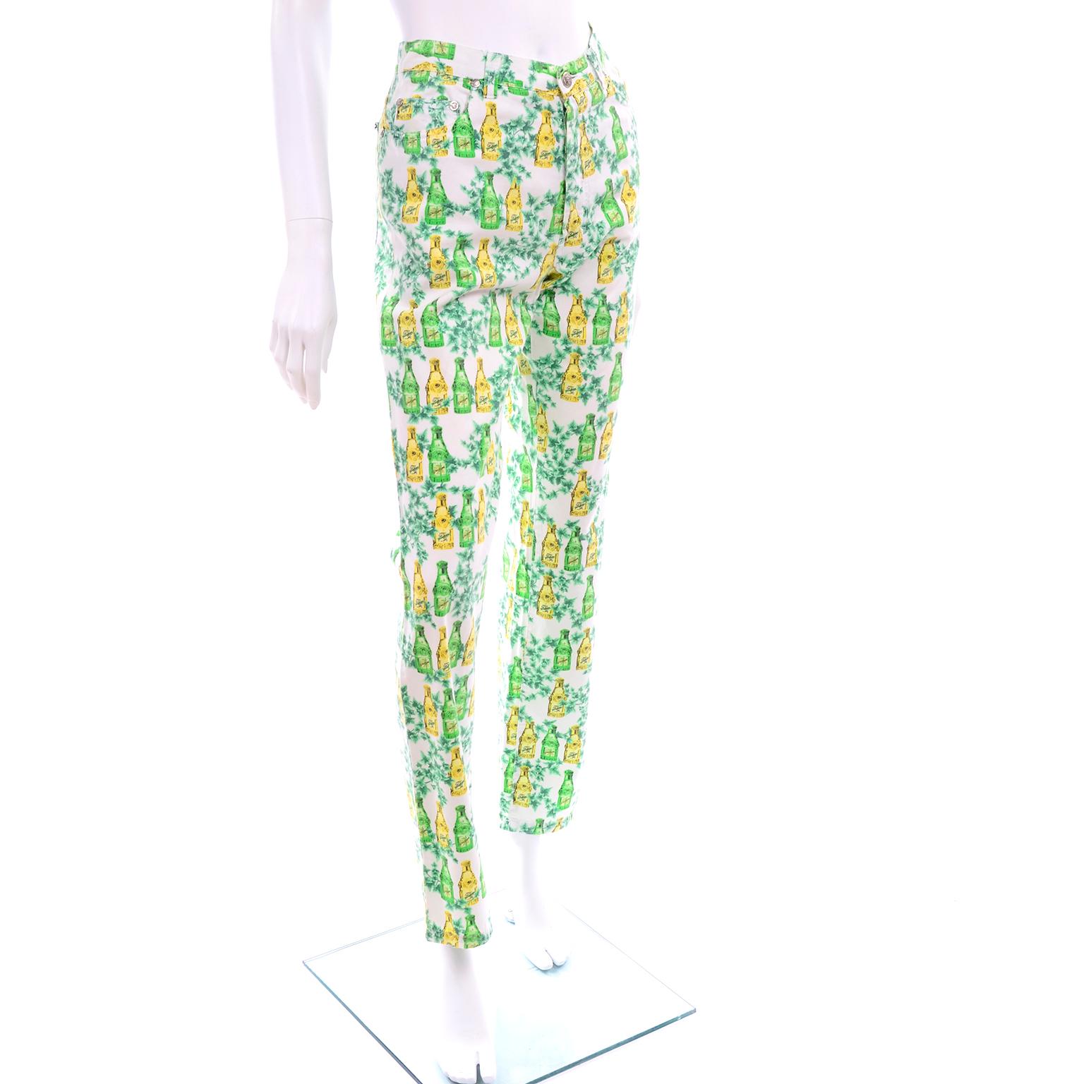 Vintage Versace Jeans Couture Yellow Jeans Perfume Bottle Green Ivy Print Pants  In Excellent Condition For Sale In Portland, OR