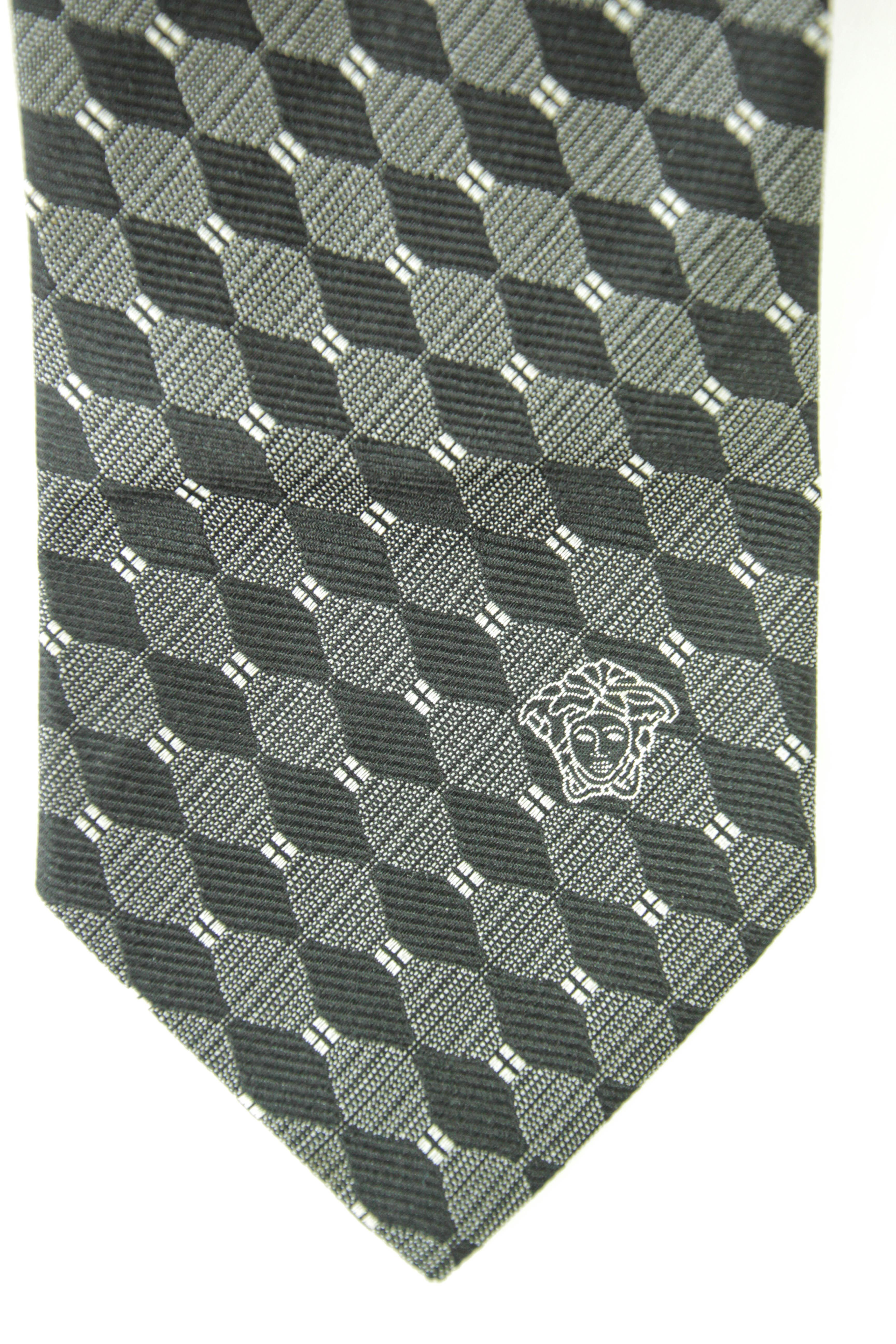 Vintage VERSACE Medusa Silk Neck Tie in Black and Silver Colors Italy 1990 In Good Condition For Sale In North Hollywood, CA