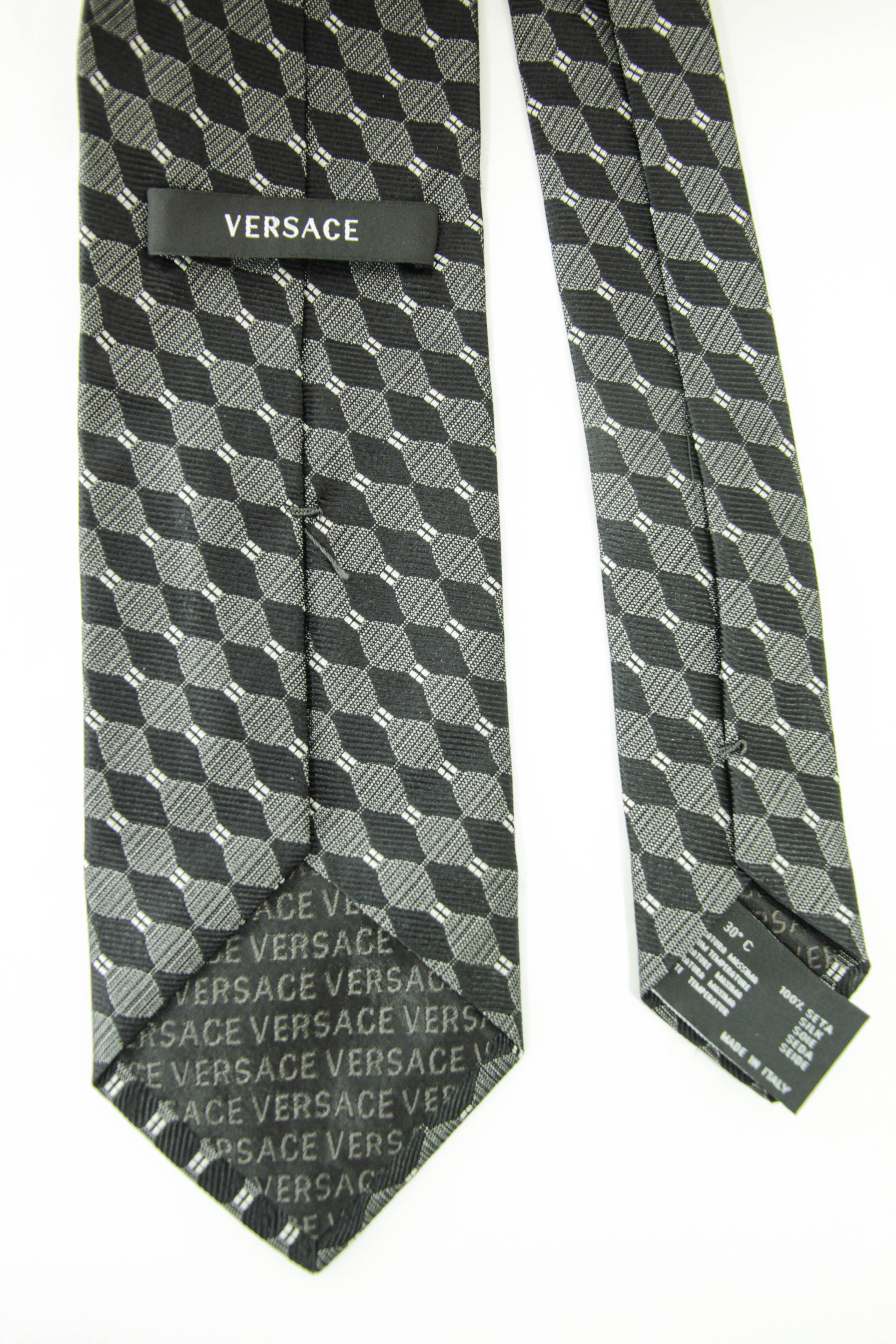 Women's or Men's Vintage VERSACE Medusa Silk Neck Tie in Black and Silver Colors Italy 1990 For Sale