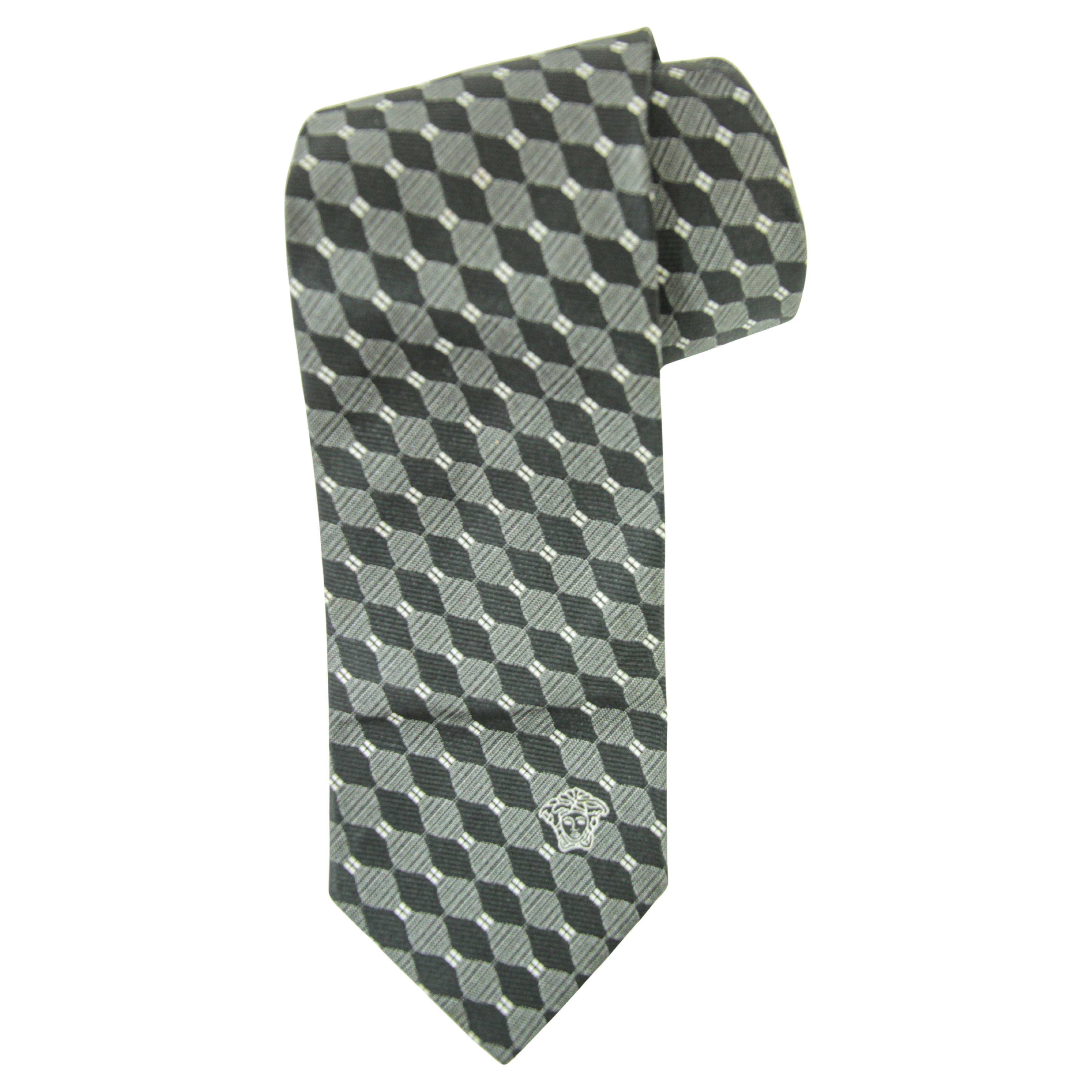 Vintage VERSACE Medusa Silk Neck Tie in Black and Silver Colors Italy 1990 For Sale