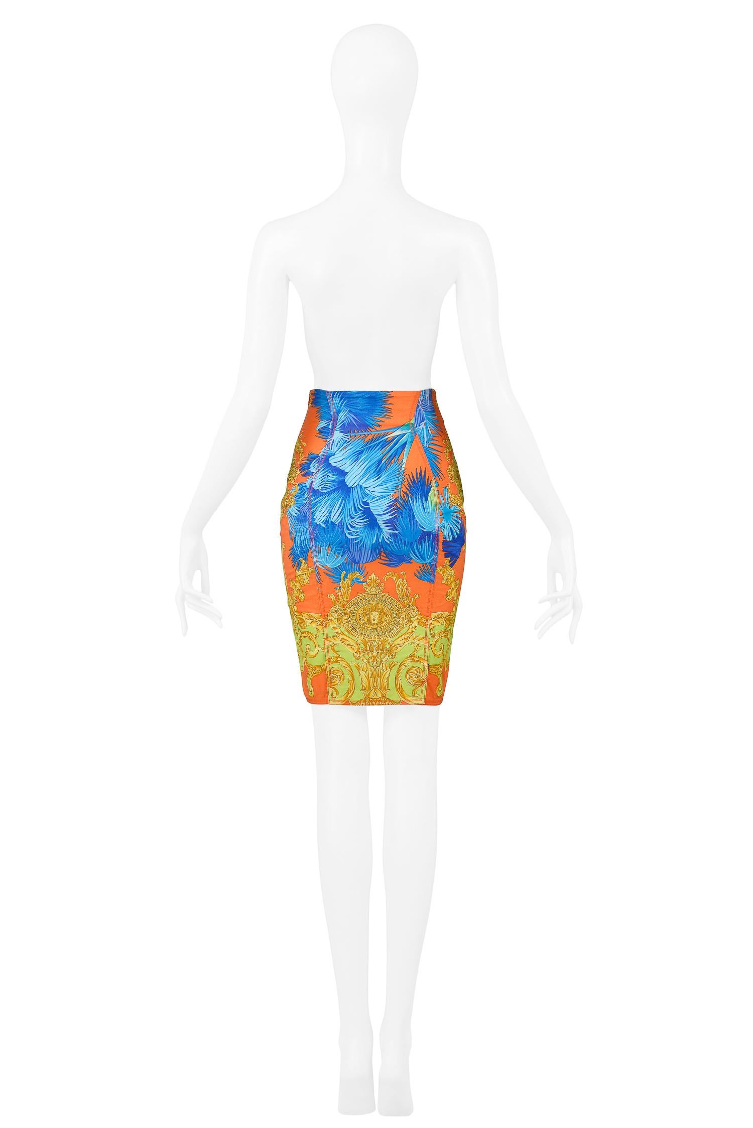 Orange Vintage Versace Multicolor Palm & Baroque Print Pencil Skirt 1990s For Sale