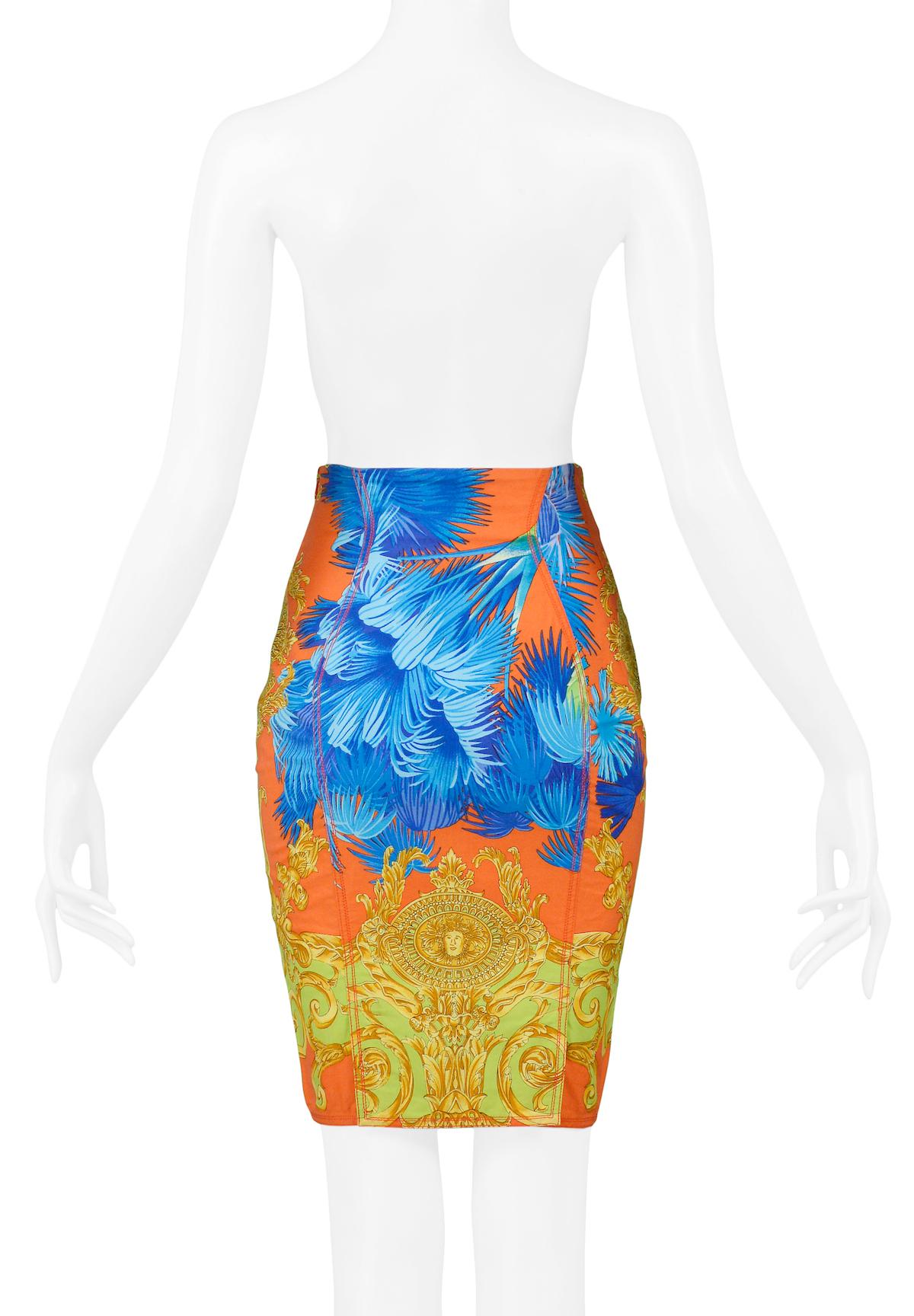 Vintage Versace Multicolor Palm & Baroque Print Pencil Skirt 1990s In Excellent Condition For Sale In Los Angeles, CA