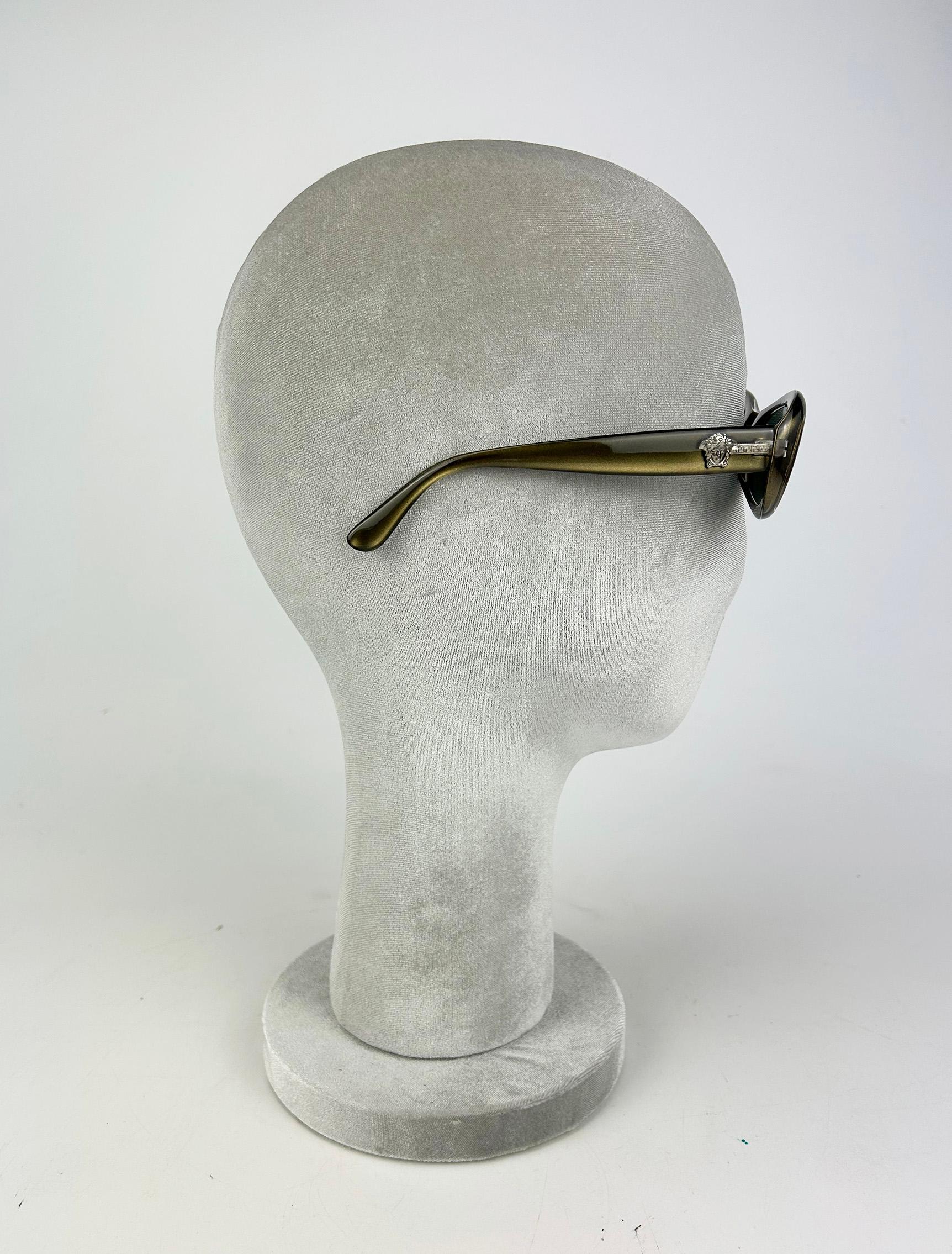 Gray Vintage Versace Olive Green Oval Frame Sunglasses c1990s For Sale