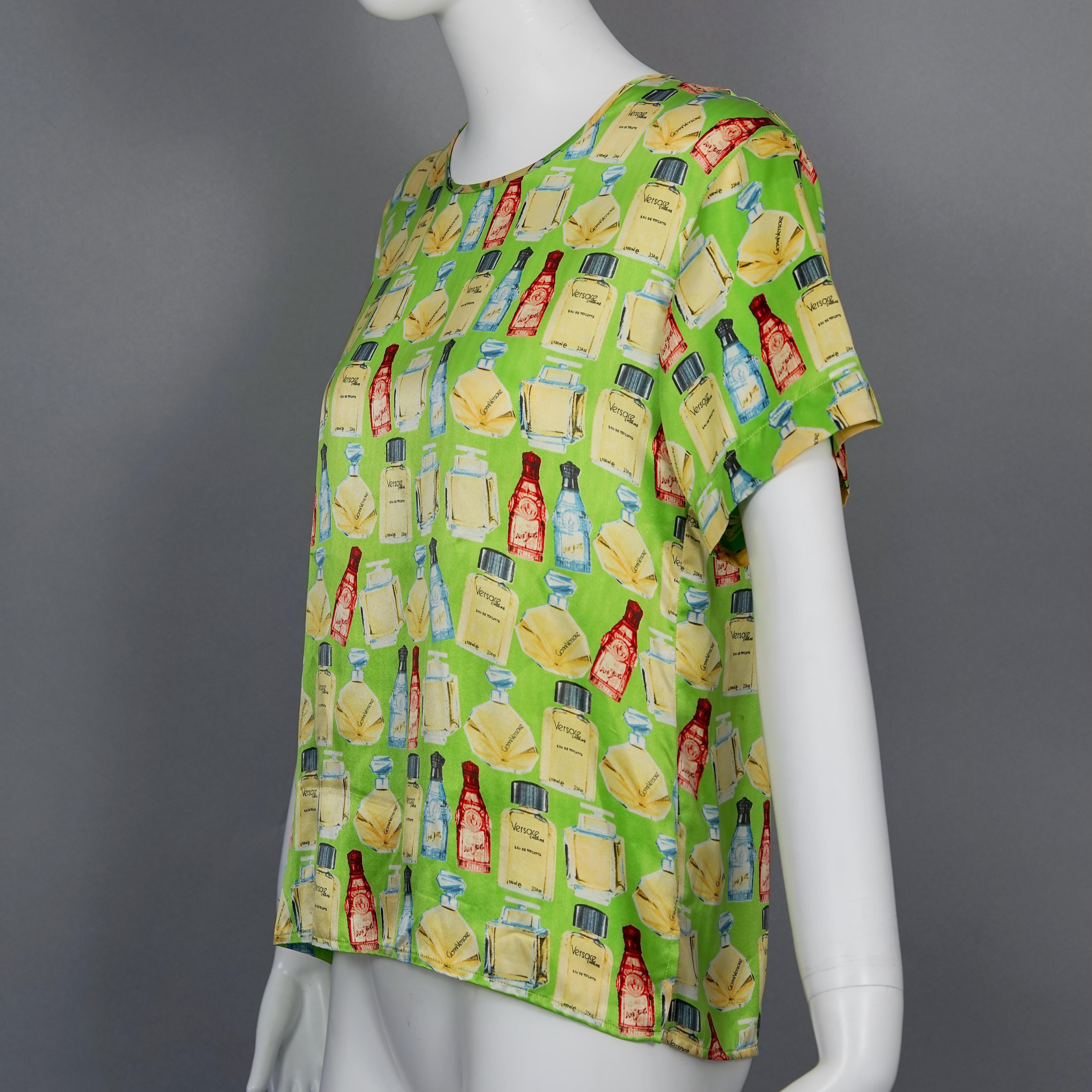 Vintage VERSACE Perfume Print Green Novelty Blouse Top In Excellent Condition For Sale In Kingersheim, Alsace
