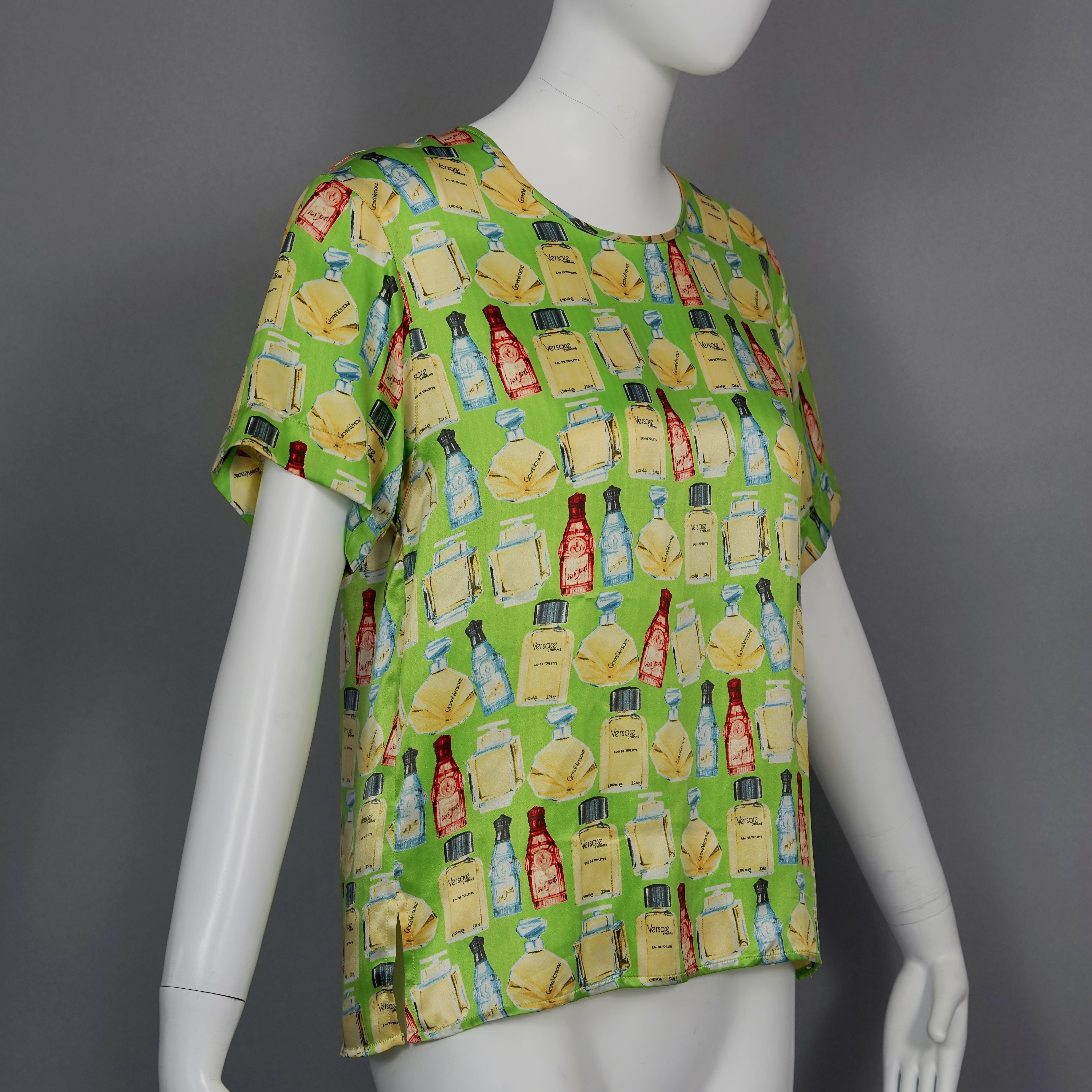 Women's Vintage VERSACE Perfume Print Green Novelty Blouse Top For Sale