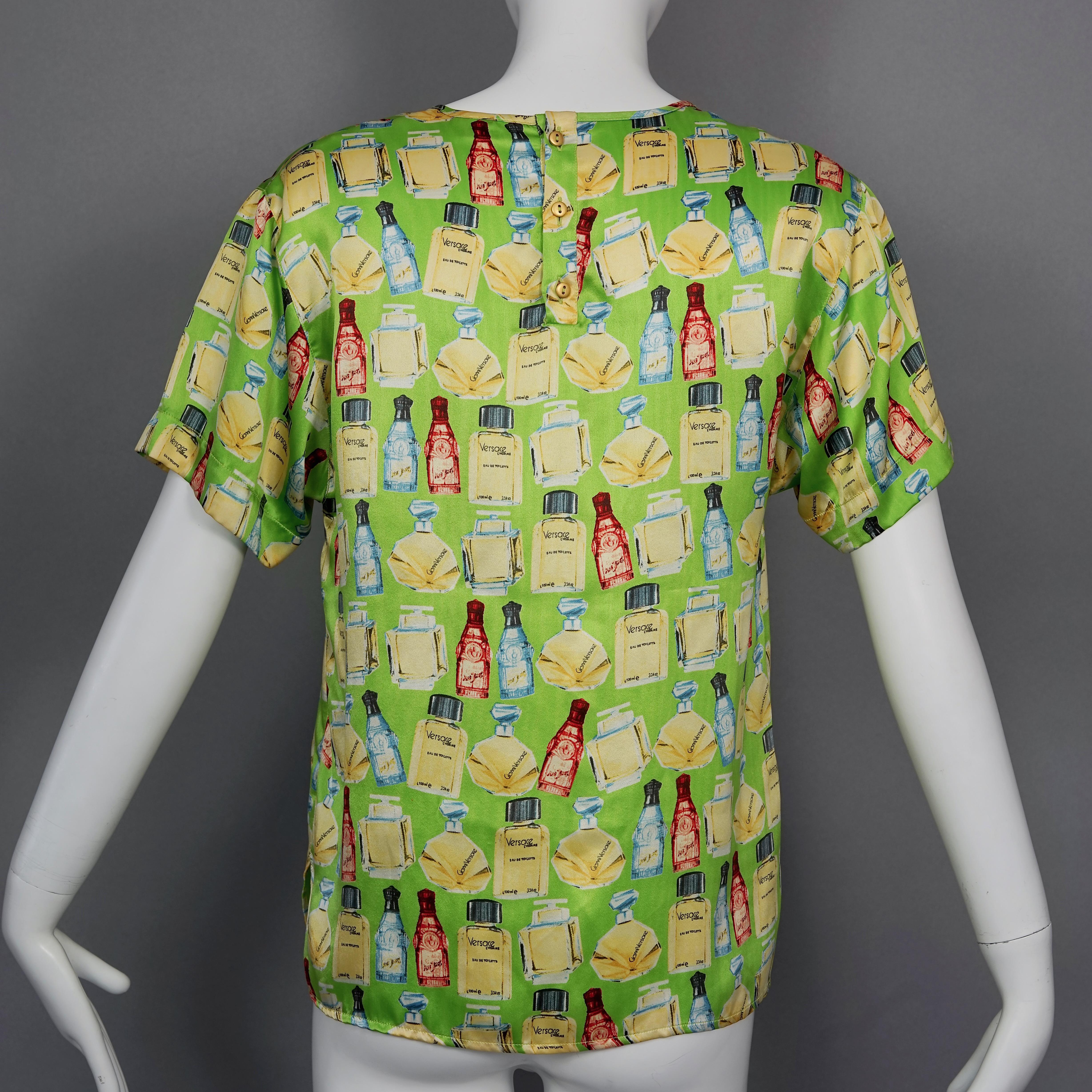 Vintage VERSACE Perfume Print Green Novelty Blouse Top For Sale 1