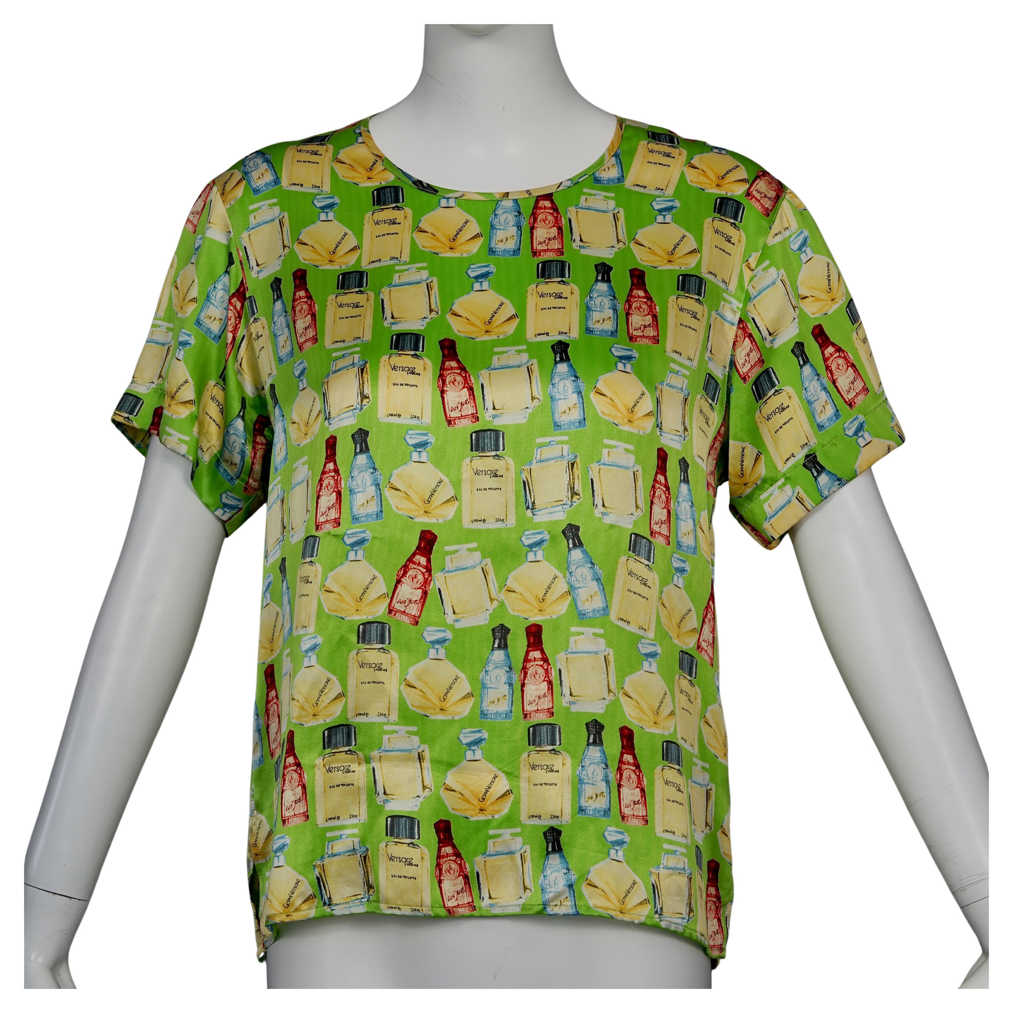 Vintage VERSACE Perfume Print Green Novelty Blouse Top For Sale
