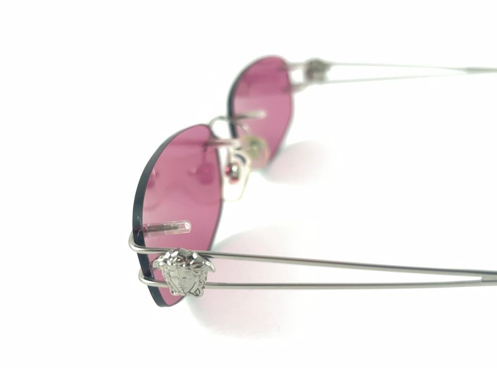 Vintage Versace Rimless Candy Pink Lenses Frame Sunglasses 1990's Made in Italy 1