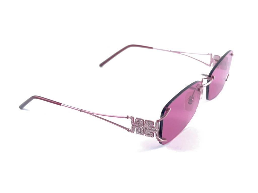 Women's Vintage Versace Rimless Metallic Pink Frame Sunglasses 1990's Made in Italy For Sale
