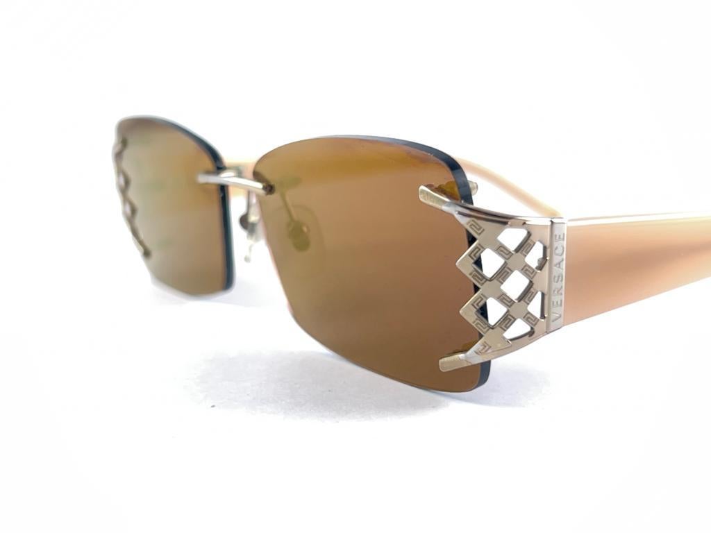 Women's Vintage Versace Rimless Silver Gold Lenses Frame Sunglasses 1990's Made in Italy For Sale