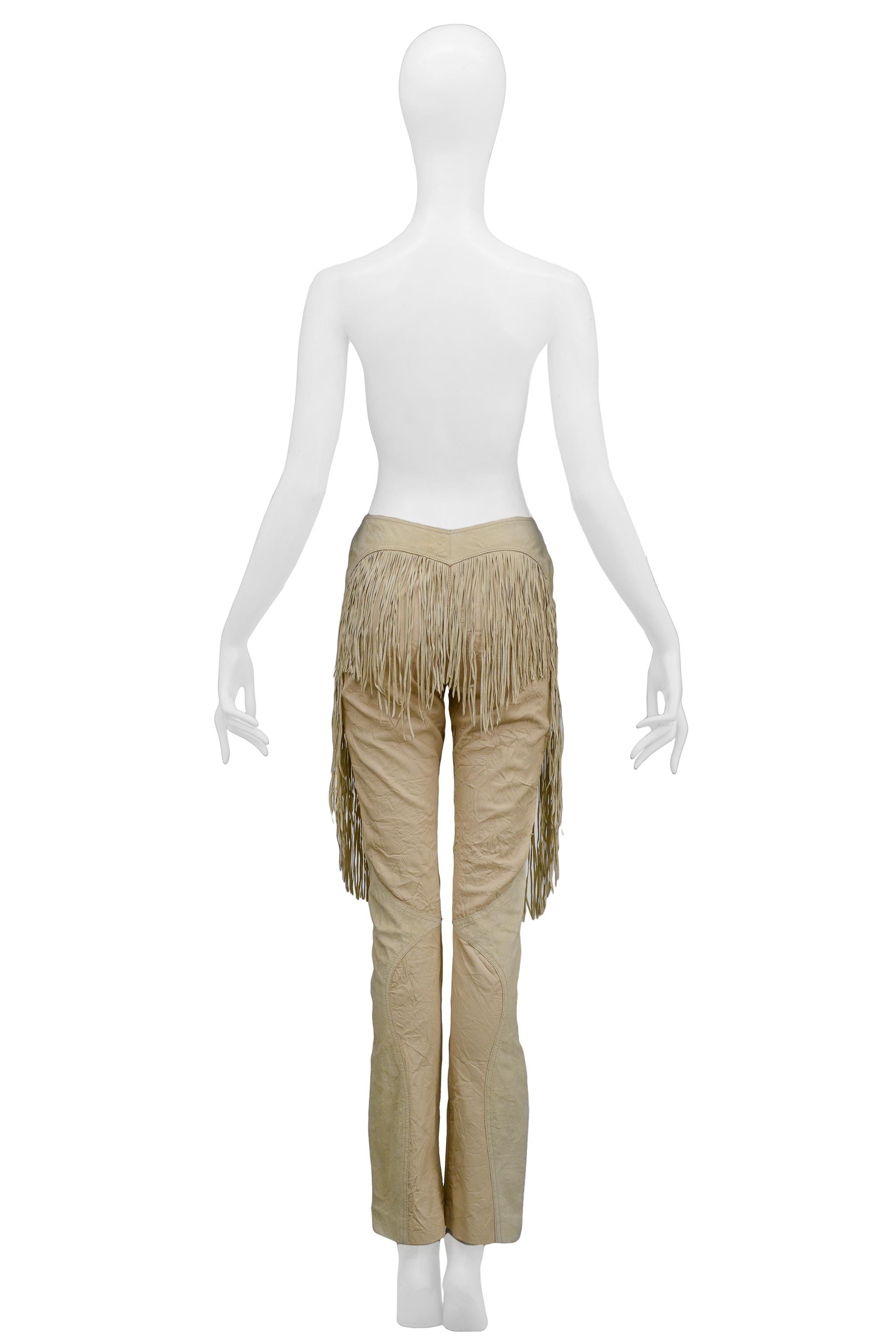 Vintage Versace Tan Leather Western Pants with Fringe 2003 In Excellent Condition In Los Angeles, CA