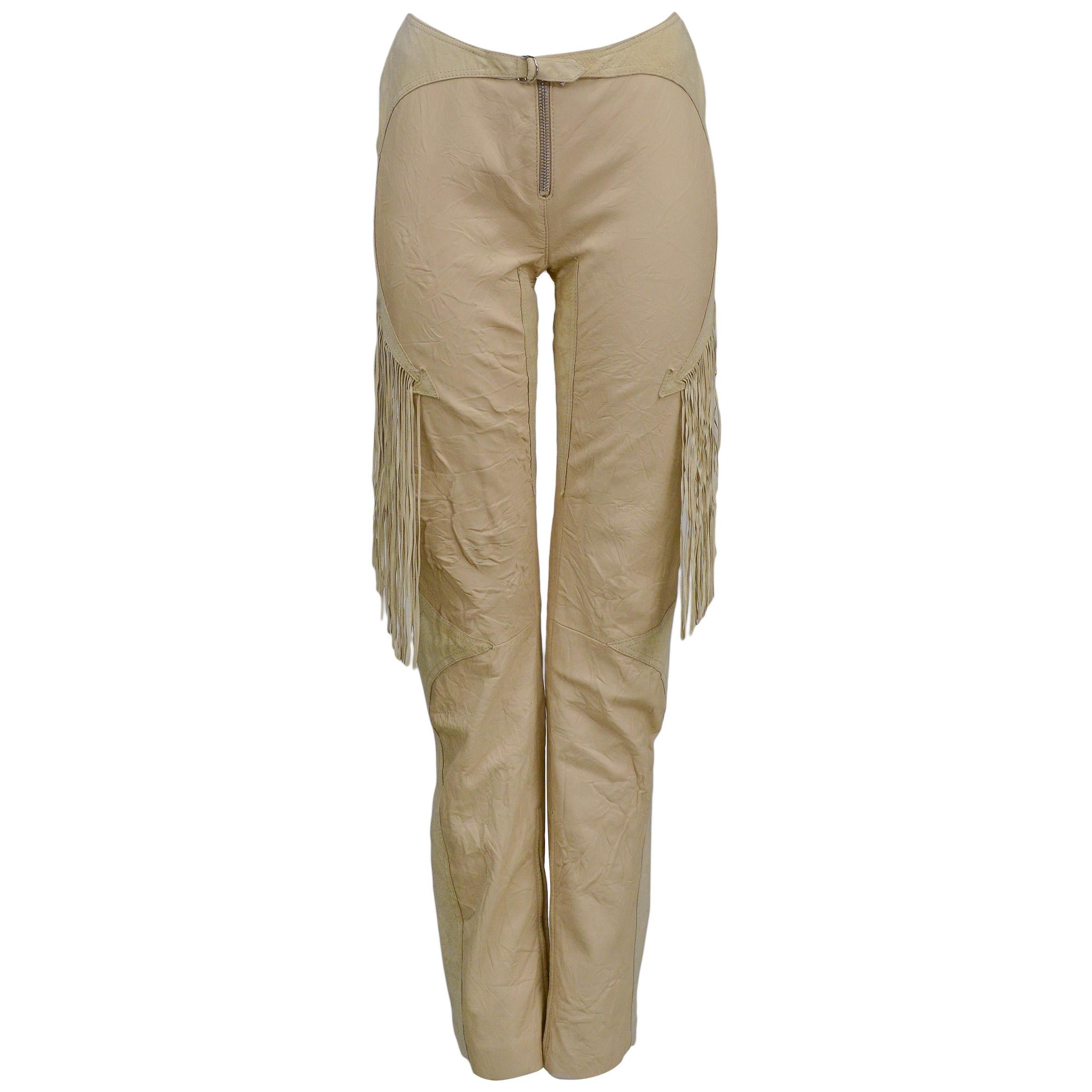 Vintage Versace Tan Leather Western Pants with Fringe 2003