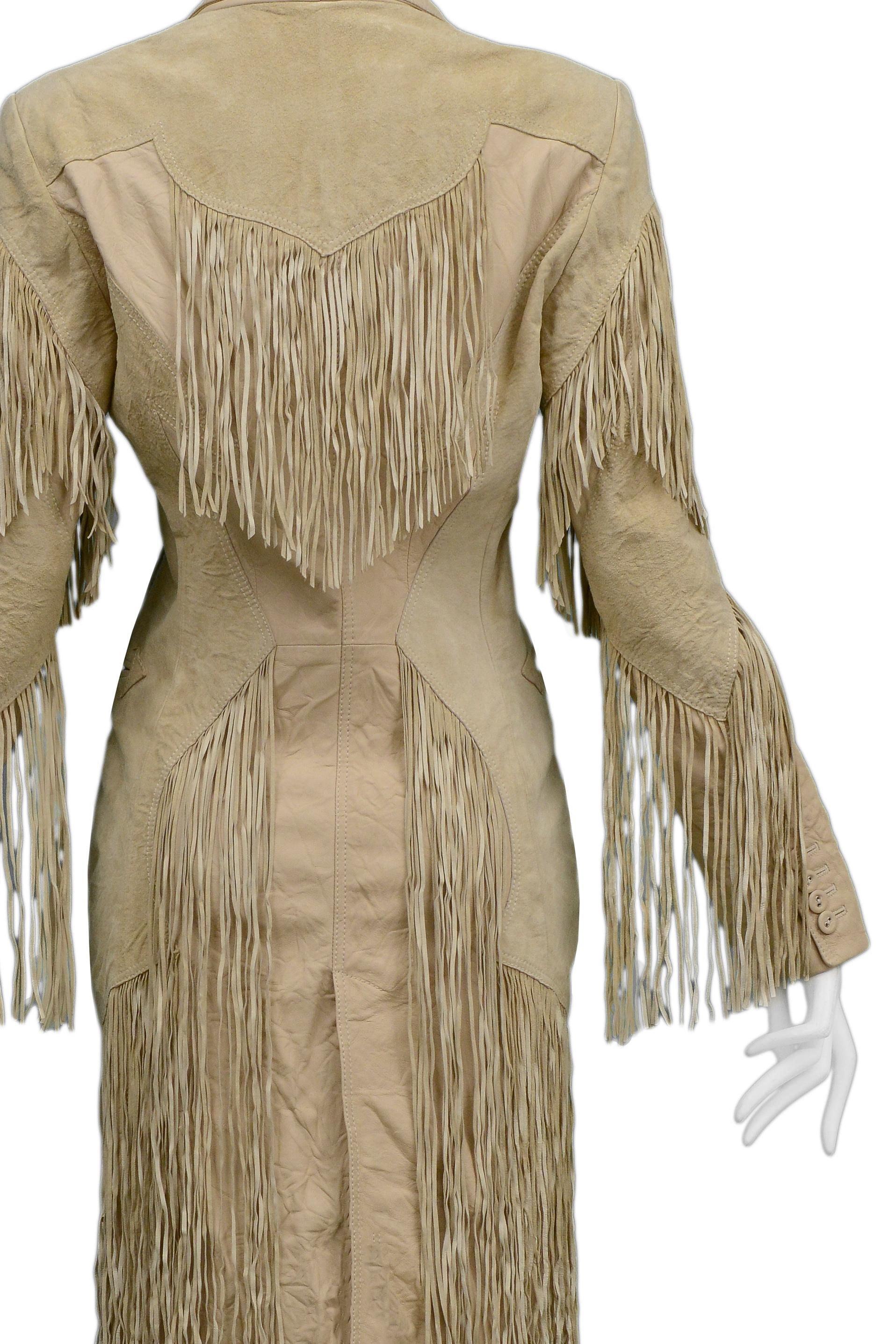 Vintage Versace Tan Leather Western Trench with Fringe Runway 2003 In Excellent Condition For Sale In Los Angeles, CA