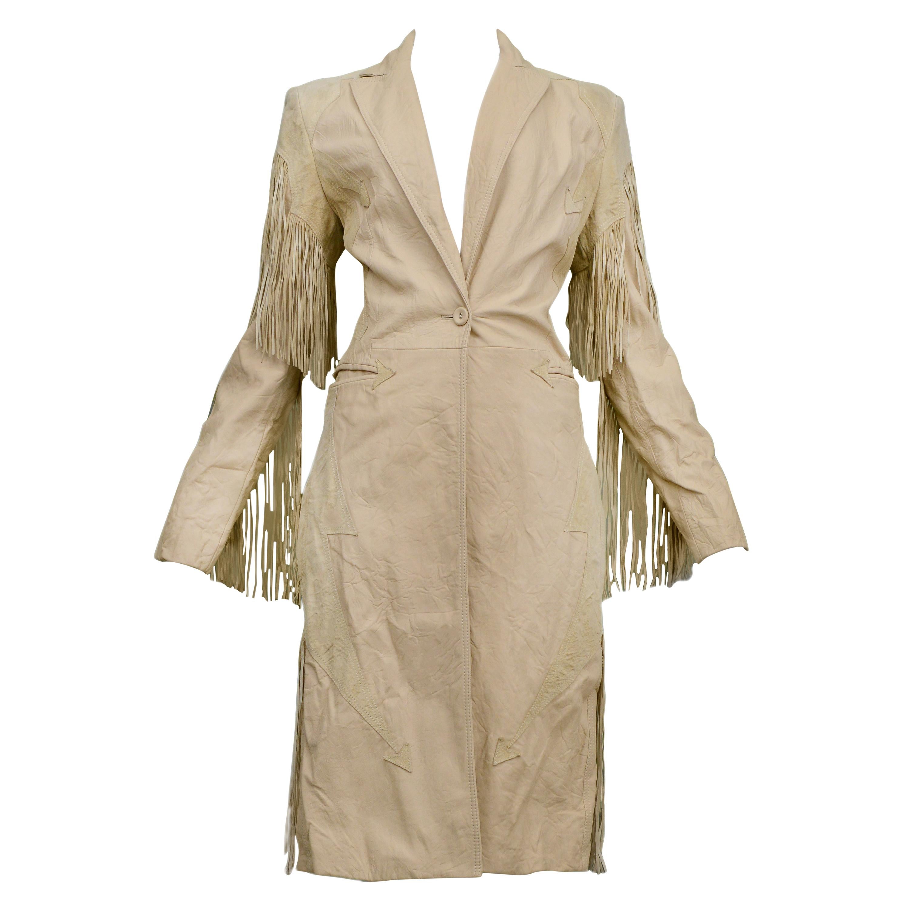 Vintage Versace Tan Leather Western Trench with Fringe Runway 2003 For Sale