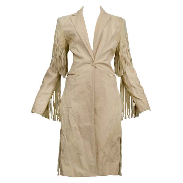 Vintage Versace Tan Leather Western Trench with Fringe Runway 2003 For ...