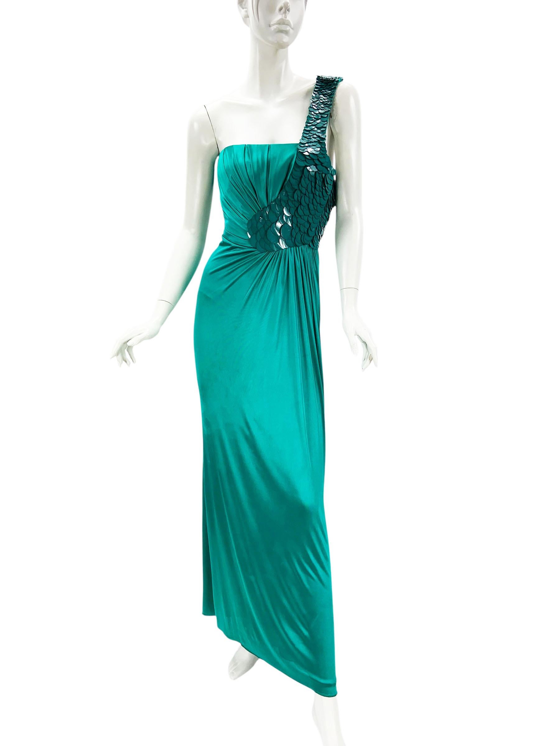 Bleu Versace F/W 2009 - Robe extensible en jersey sarcelle avec détails à sequins écailles de poisson - 42 - US 8 en vente
