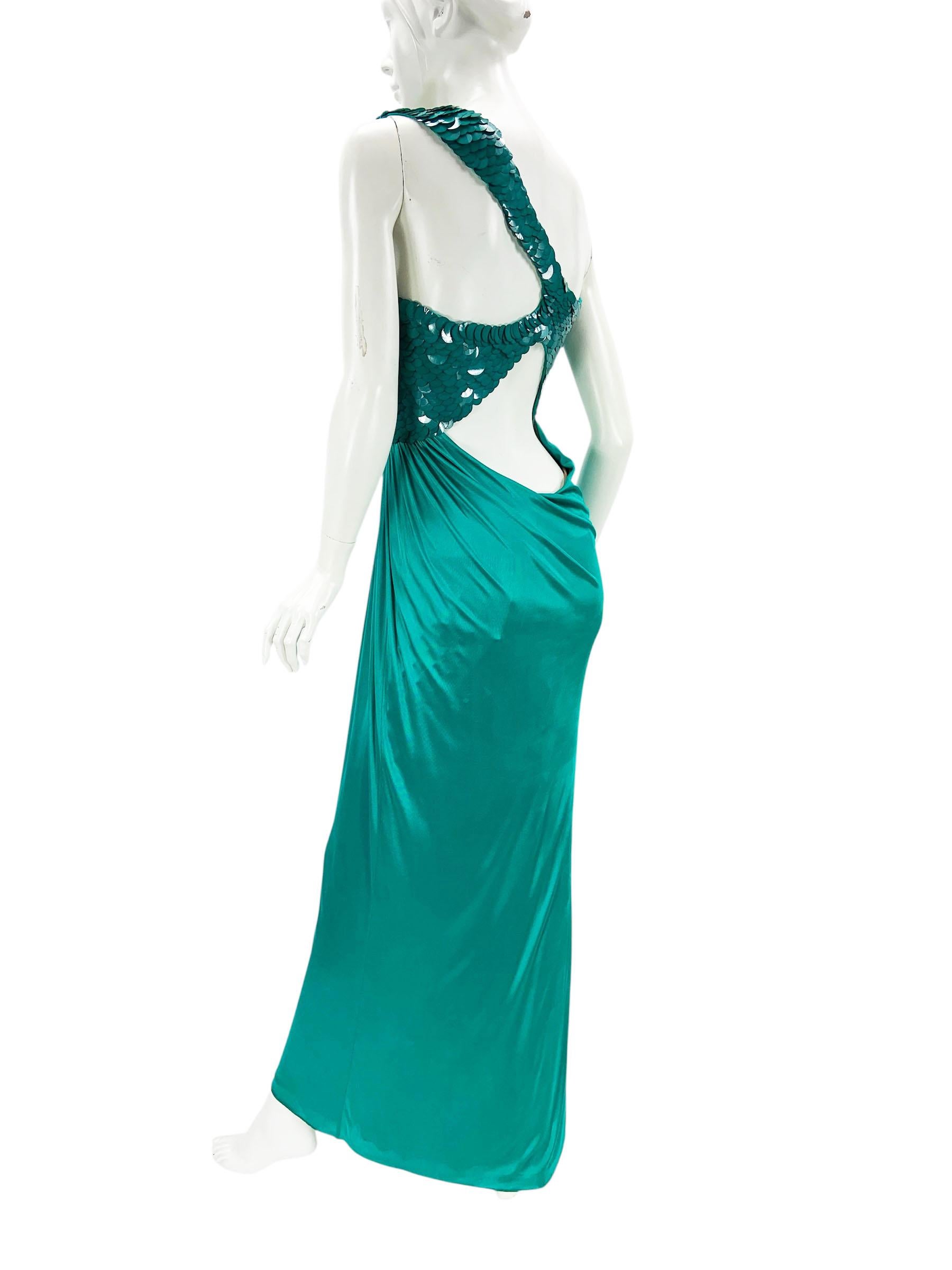 Versace F/W 2009 - Robe extensible en jersey sarcelle avec détails à sequins écailles de poisson - 42 - US 8 Pour femmes en vente