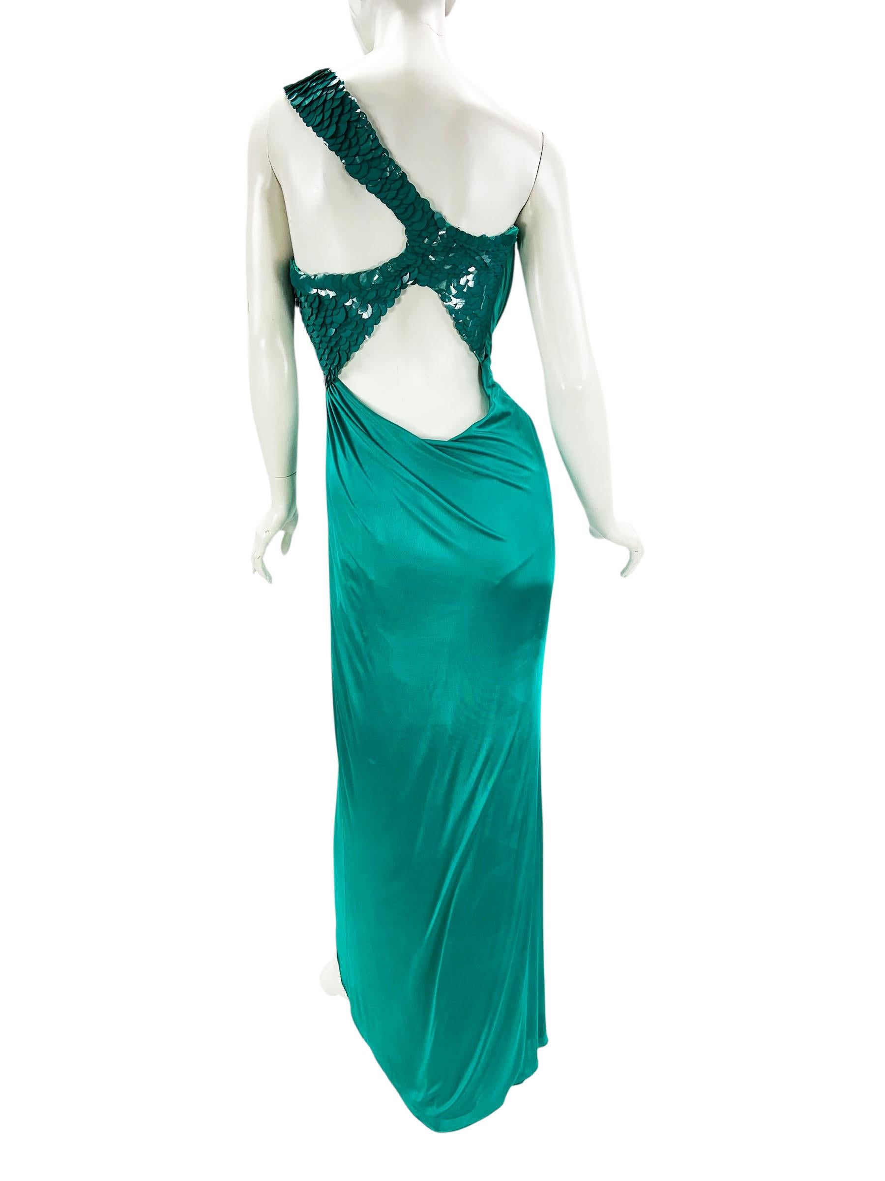 Versace F/W 2009 - Robe extensible en jersey sarcelle avec détails à sequins écailles de poisson - 42 - US 8 en vente 1