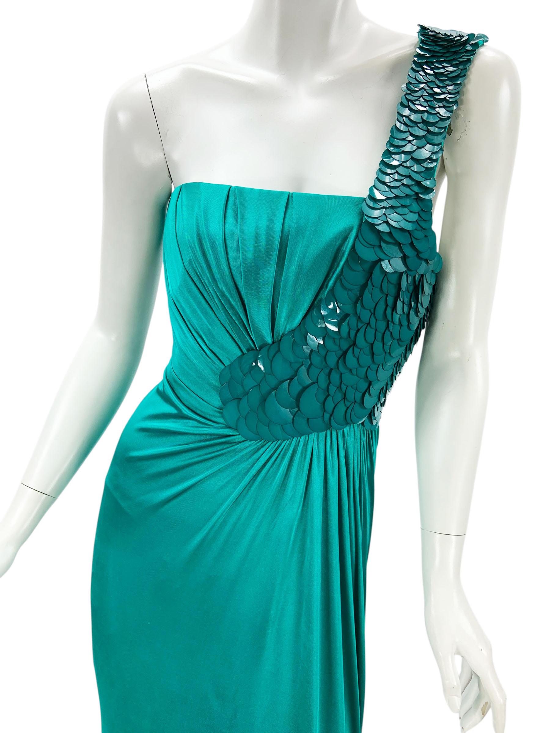Versace F/W 2009 - Robe extensible en jersey sarcelle avec détails à sequins écailles de poisson - 42 - US 8 en vente 2