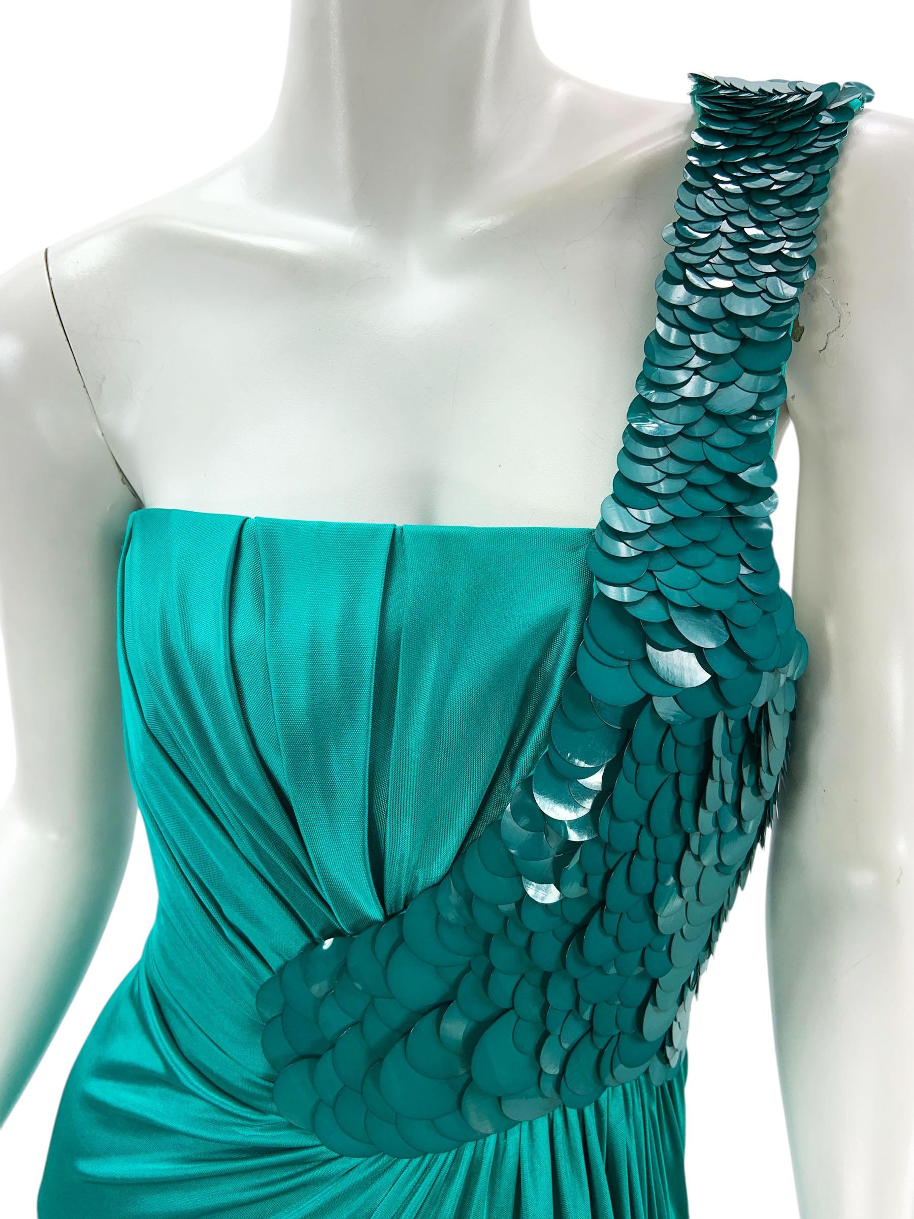Versace F/W 2009 - Robe extensible en jersey sarcelle avec détails à sequins écailles de poisson - 42 - US 8 en vente 3